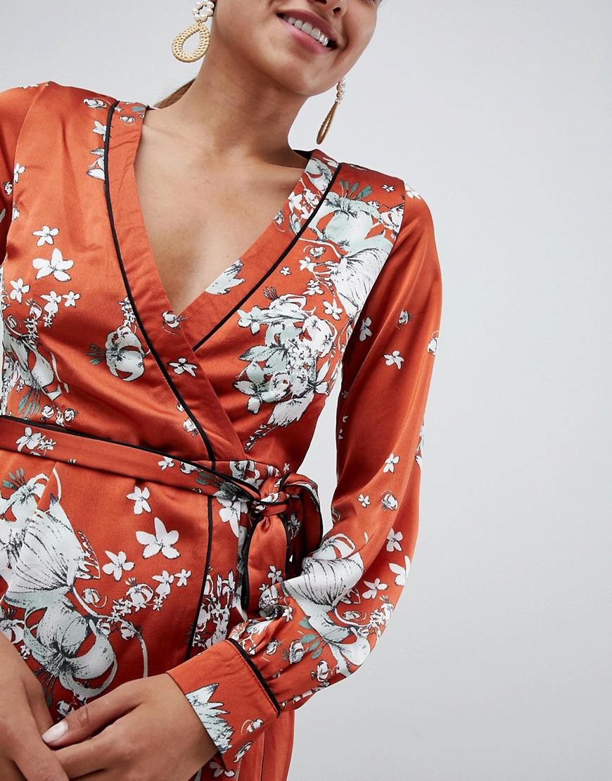 Missguided Floral Satin Kimono Sleeve Mini Dress in Orange - Lyst