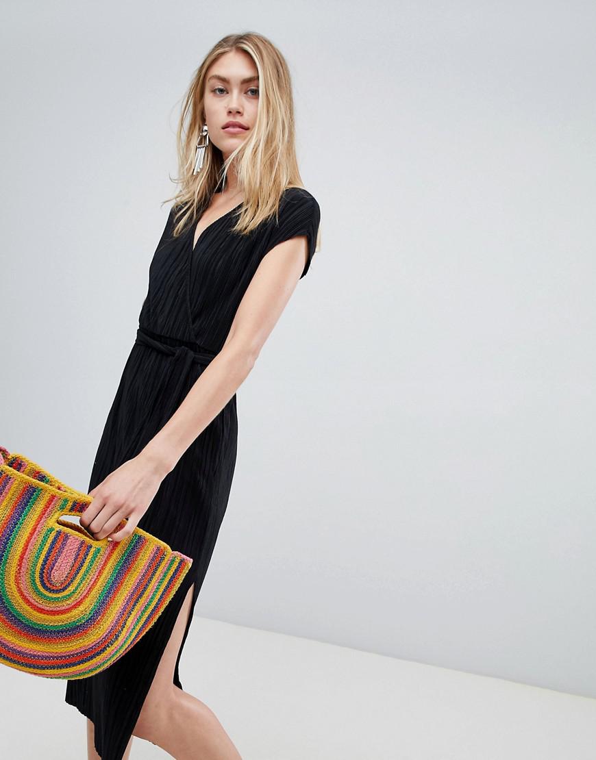 black plisse wrap dress