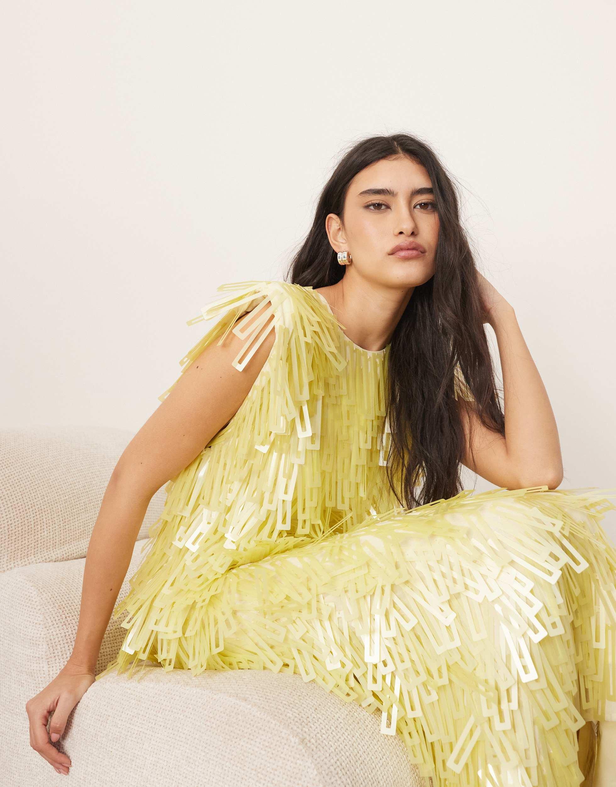 yellow sequin midi dress Fallon Yellow Sequin Cut Out Formal Maxi Dress - US 14