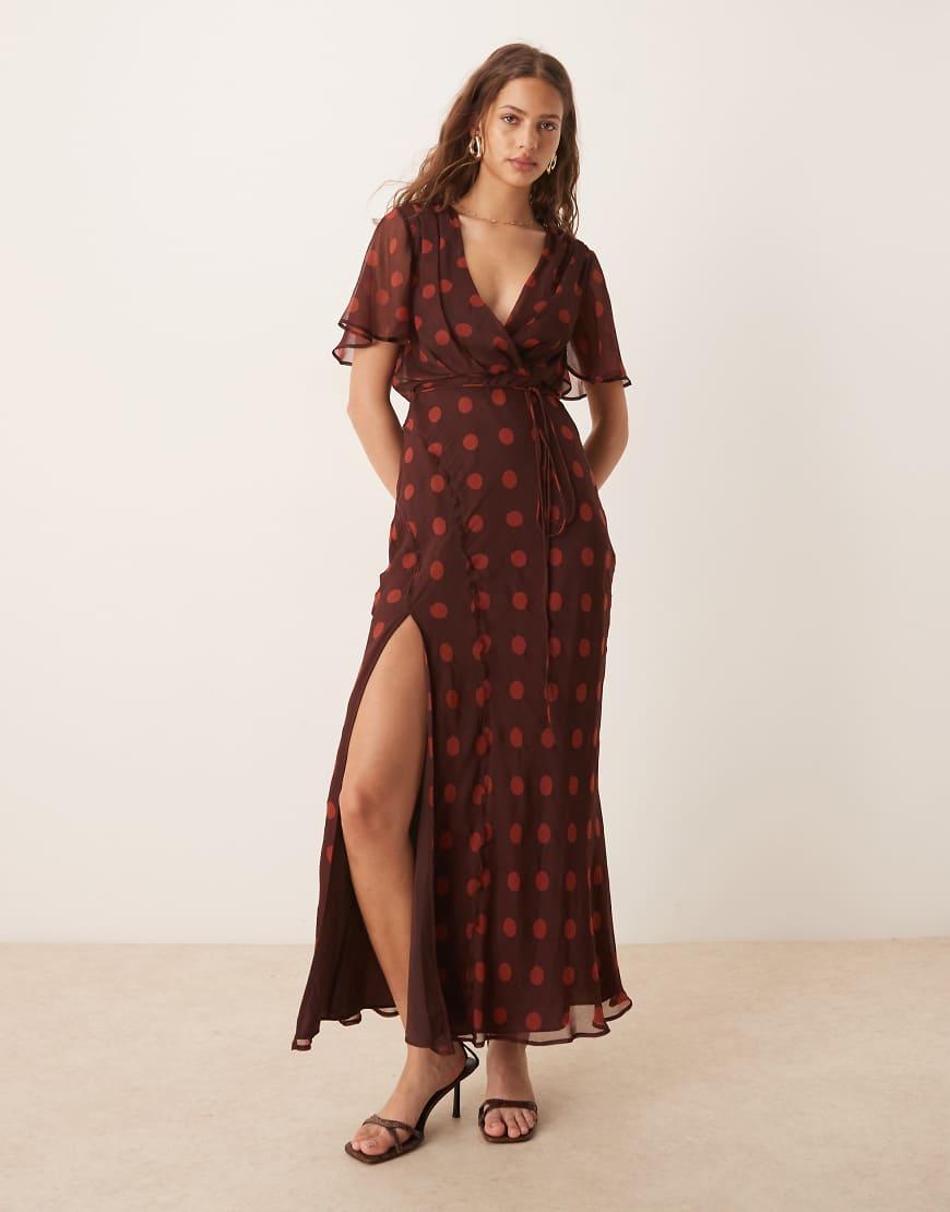 ASOS Angel Sleeve Wrap Front Midi Dress With Seaming Details in Brown |  Lyst UK