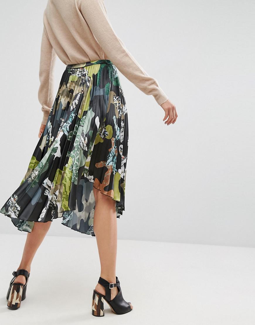 ASOS Satin Pleated Midi Skirt In Camo Print - Lyst