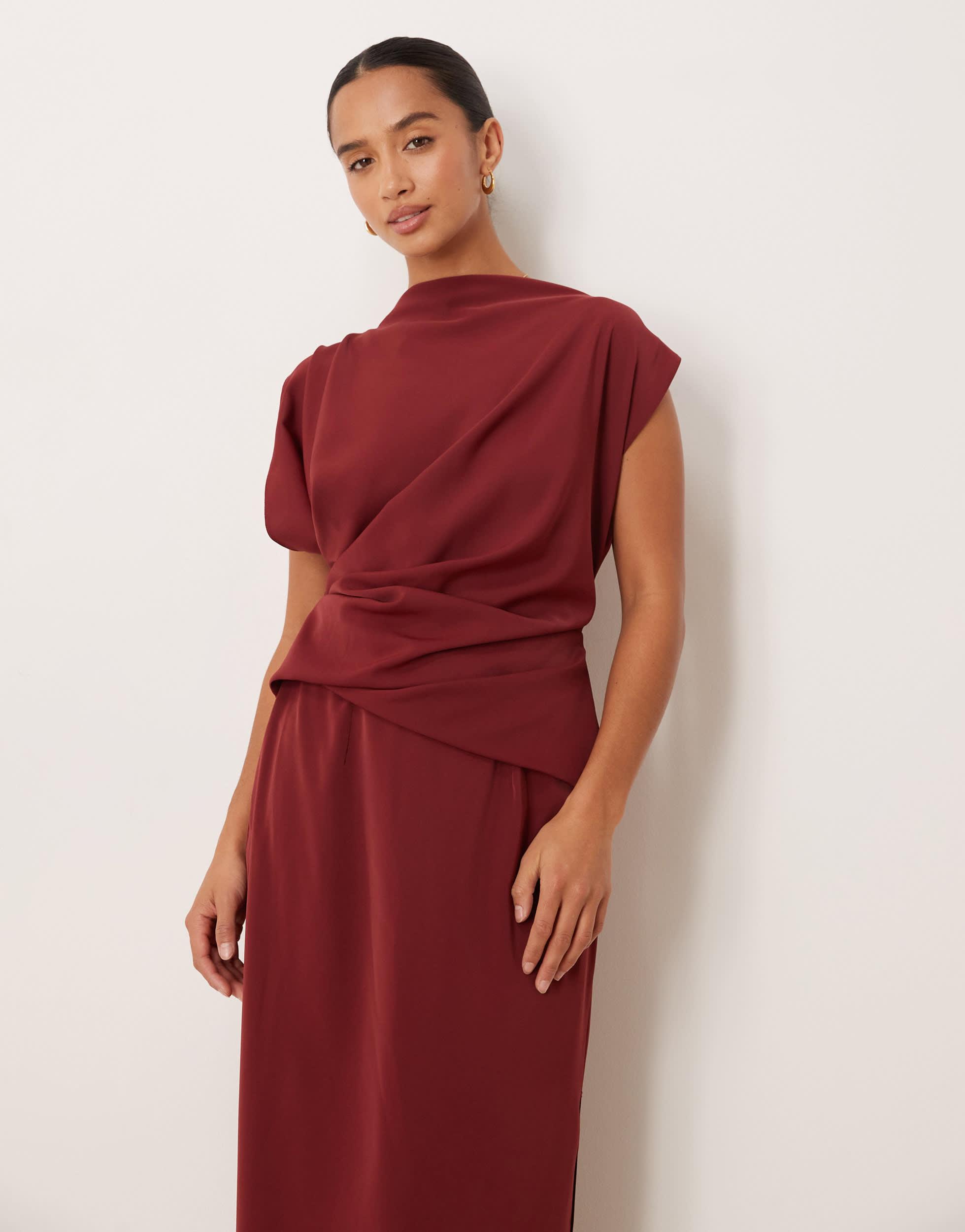 knee length dresses for ladies ASOS DESIGN Plisse Fallen Shoulder Midi Dress In Rust