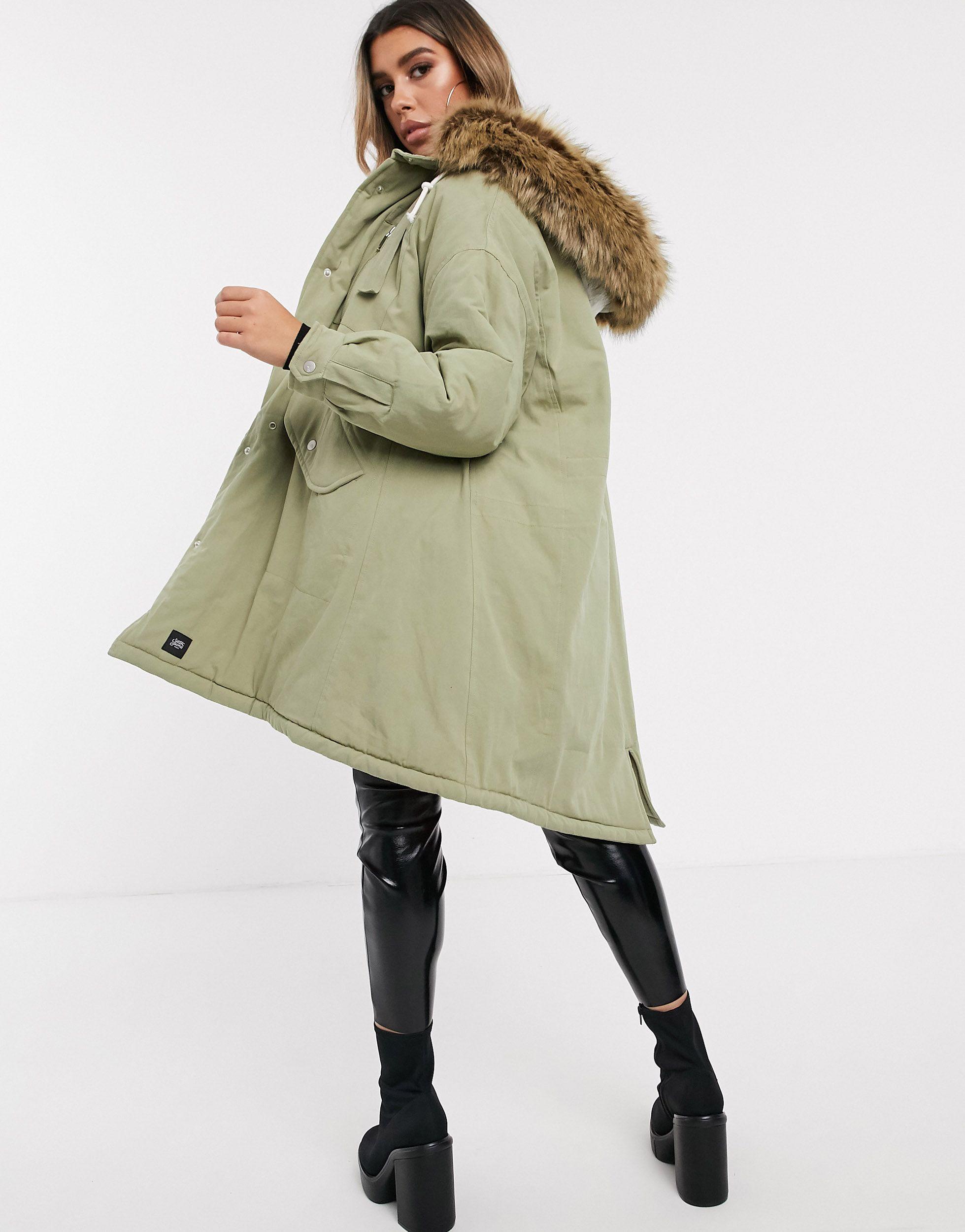 Sixth June Cotton Oversized Swing Parka With Faux Fur Hood-green - Lyst