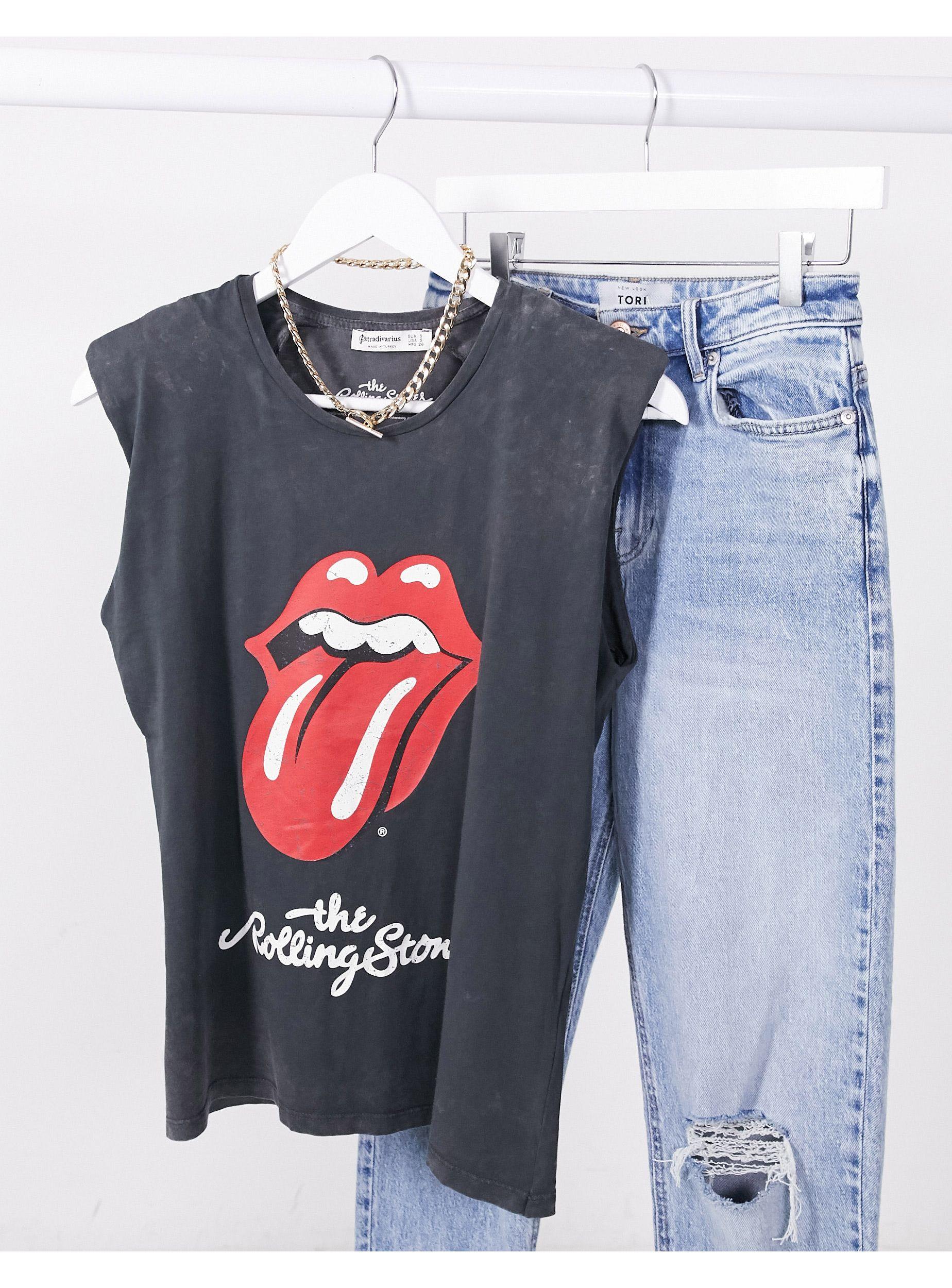 T-shirt con spalline imbottite e motivo Rolling Stones di Stradivarius in  Grigio | Lyst