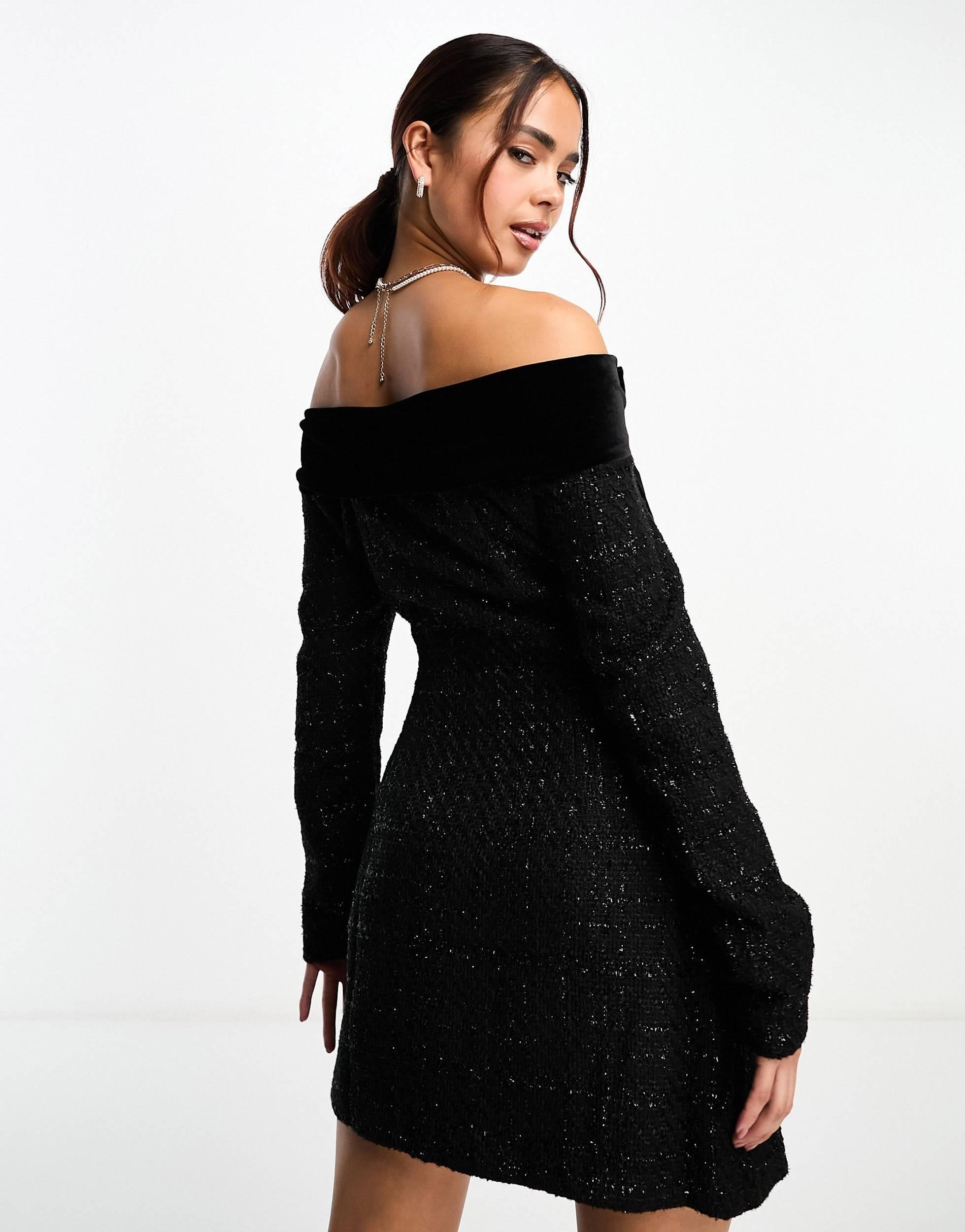 Robe courte style bardot en tissu boucle avec bords en velours Miss Selfridge en coloris Noir Lyst