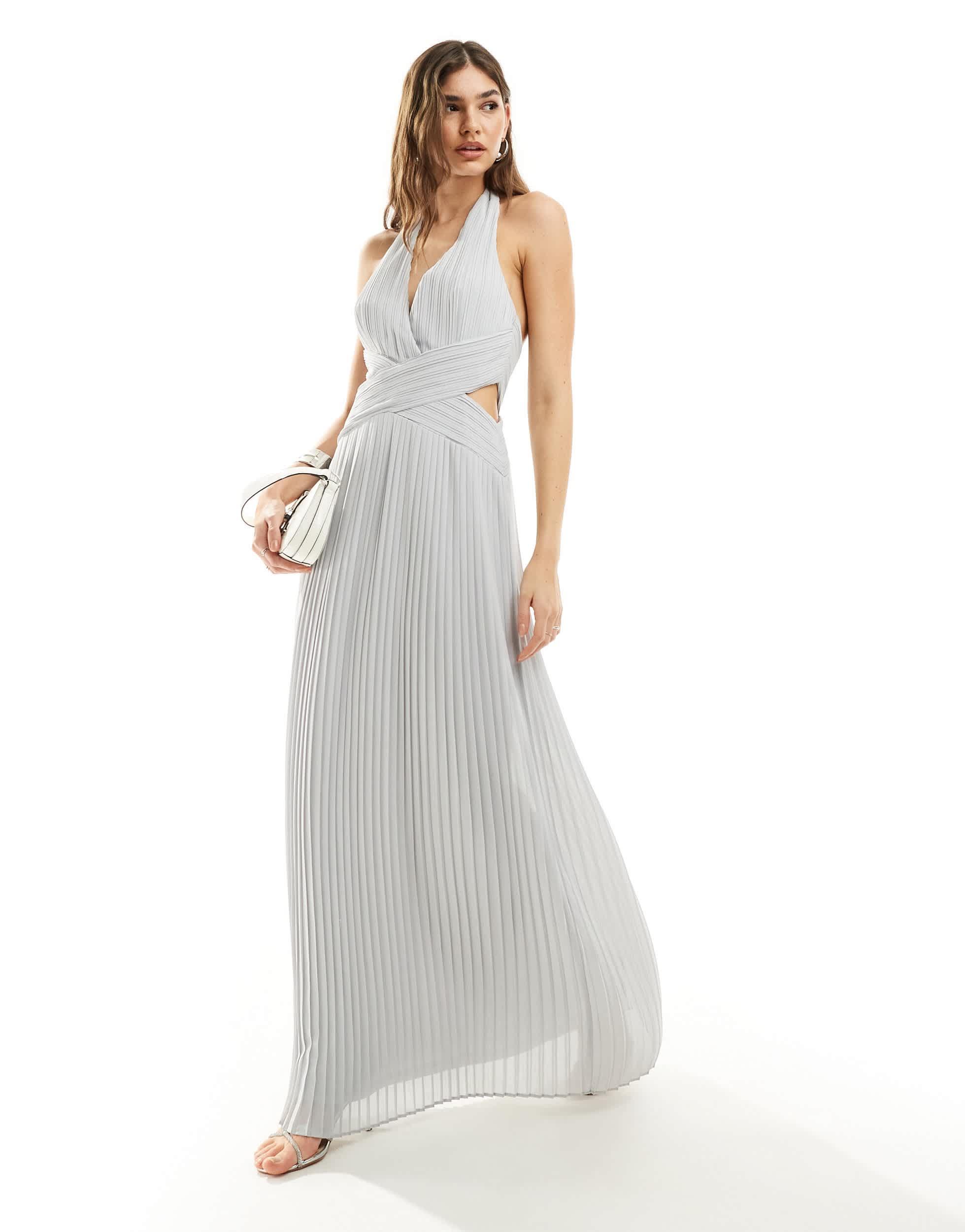 grey chiffon halter neck dress Halter neck dress in flowing silver chiffon lam, featuring a crystal embroidered bodice
