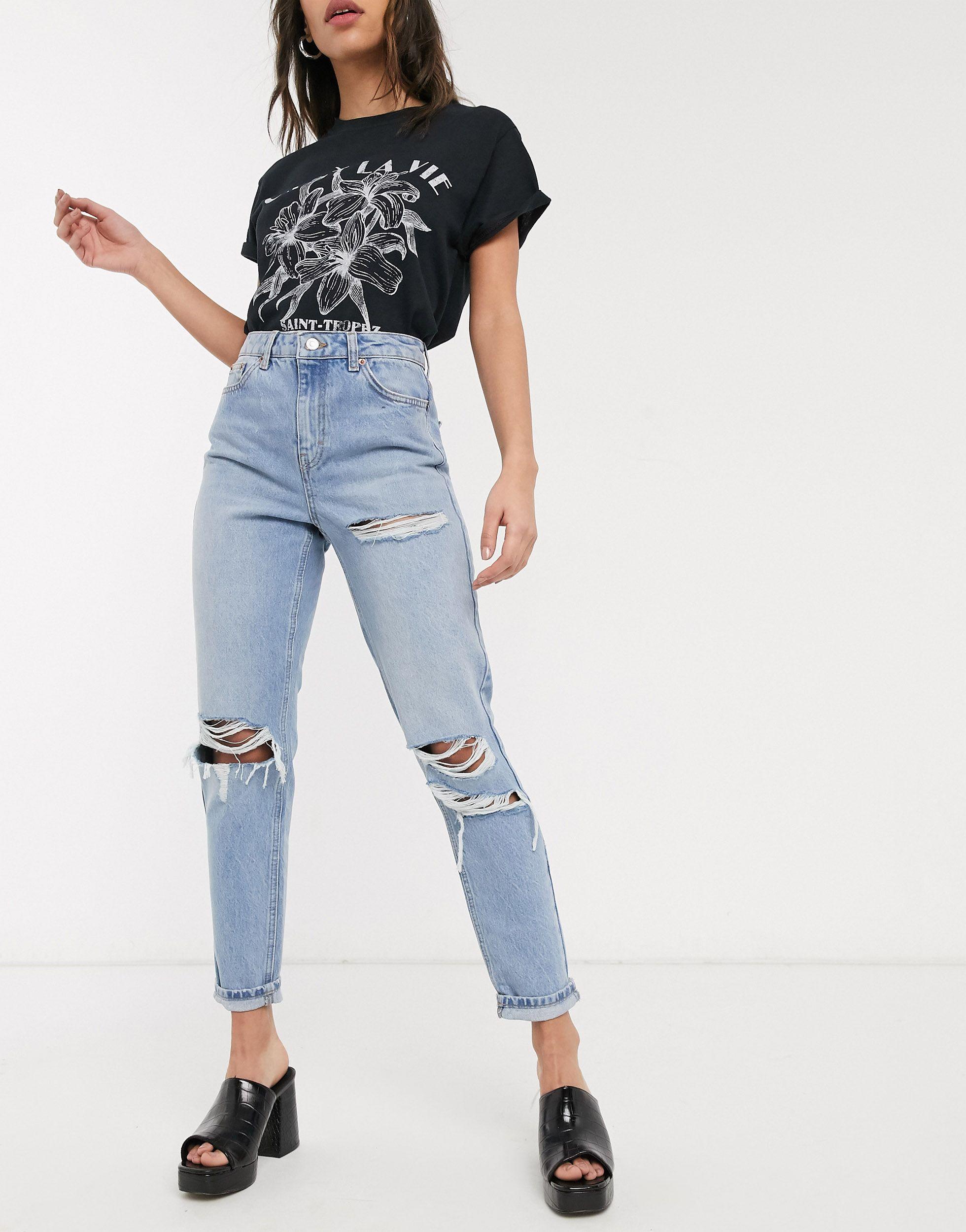 TOPSHOP Denim Super Rip Mom Jeans in Blue | Lyst