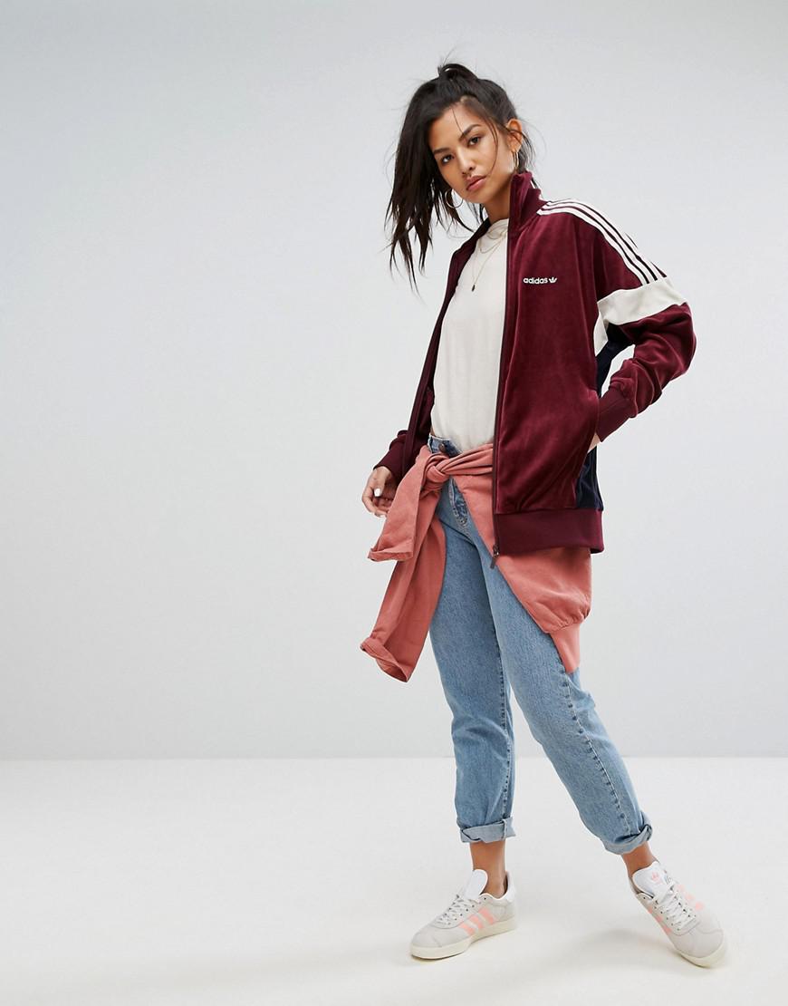 adidas Originals Cotton Originals Velour Track Jacket In Burgundy in Red |  Lyst