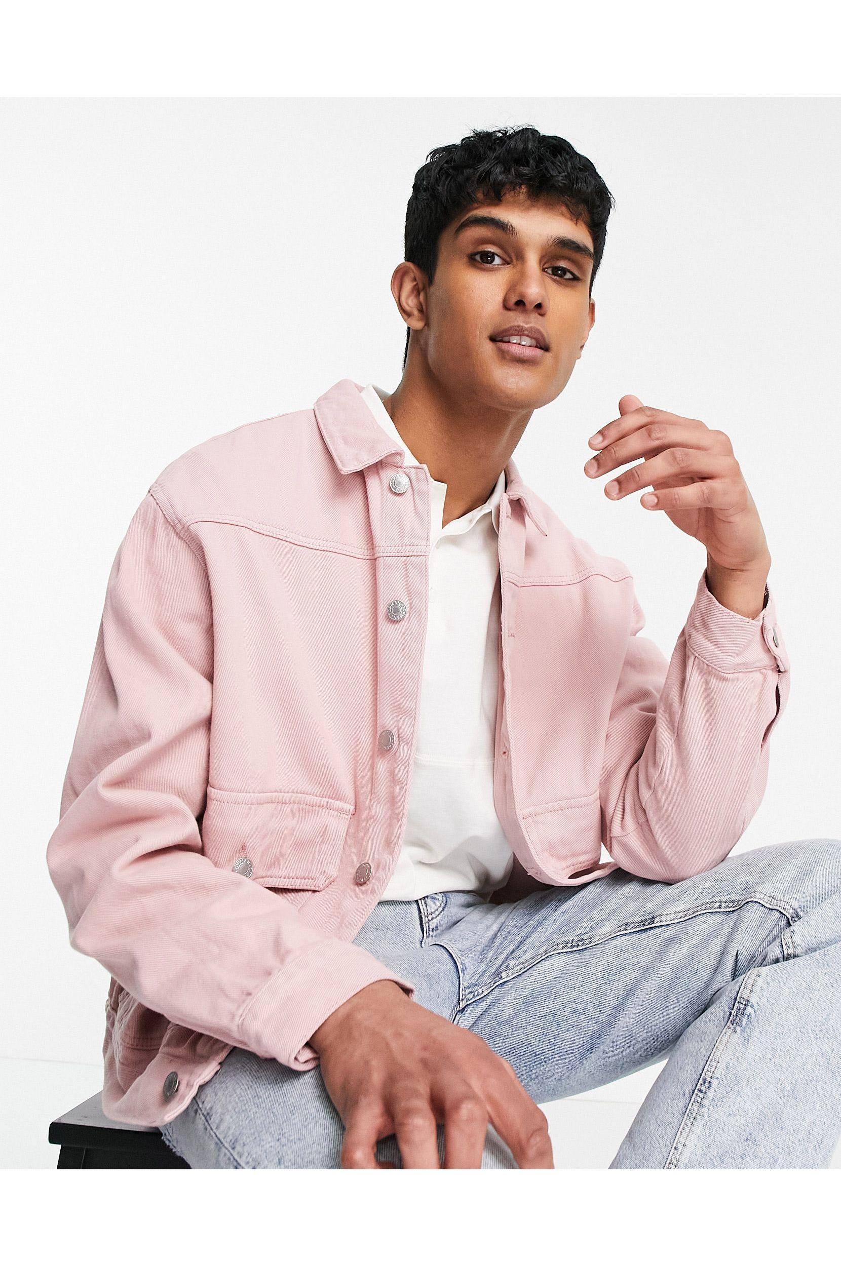 Men Denim Jacket Ripped Jean Coat Distressed Top Outerwear,Pink,XXL