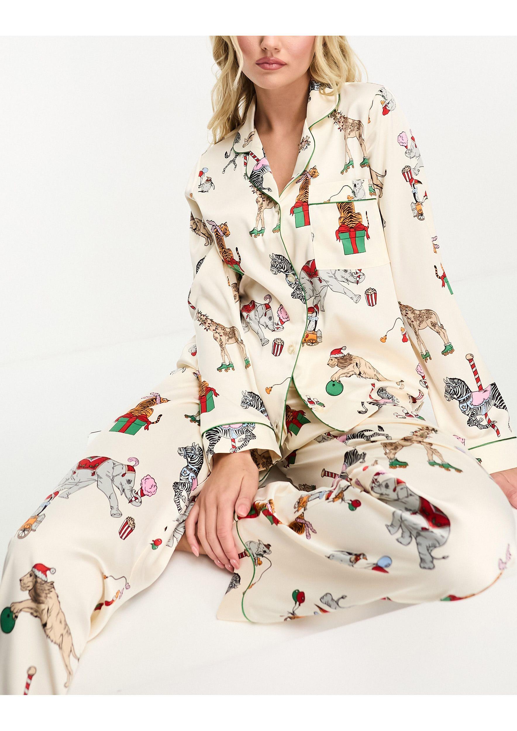 Chelsea Peers Christmas Satin Circus Print Long Sleeve Top And Trouser  Pyjama Set in Natural | Lyst