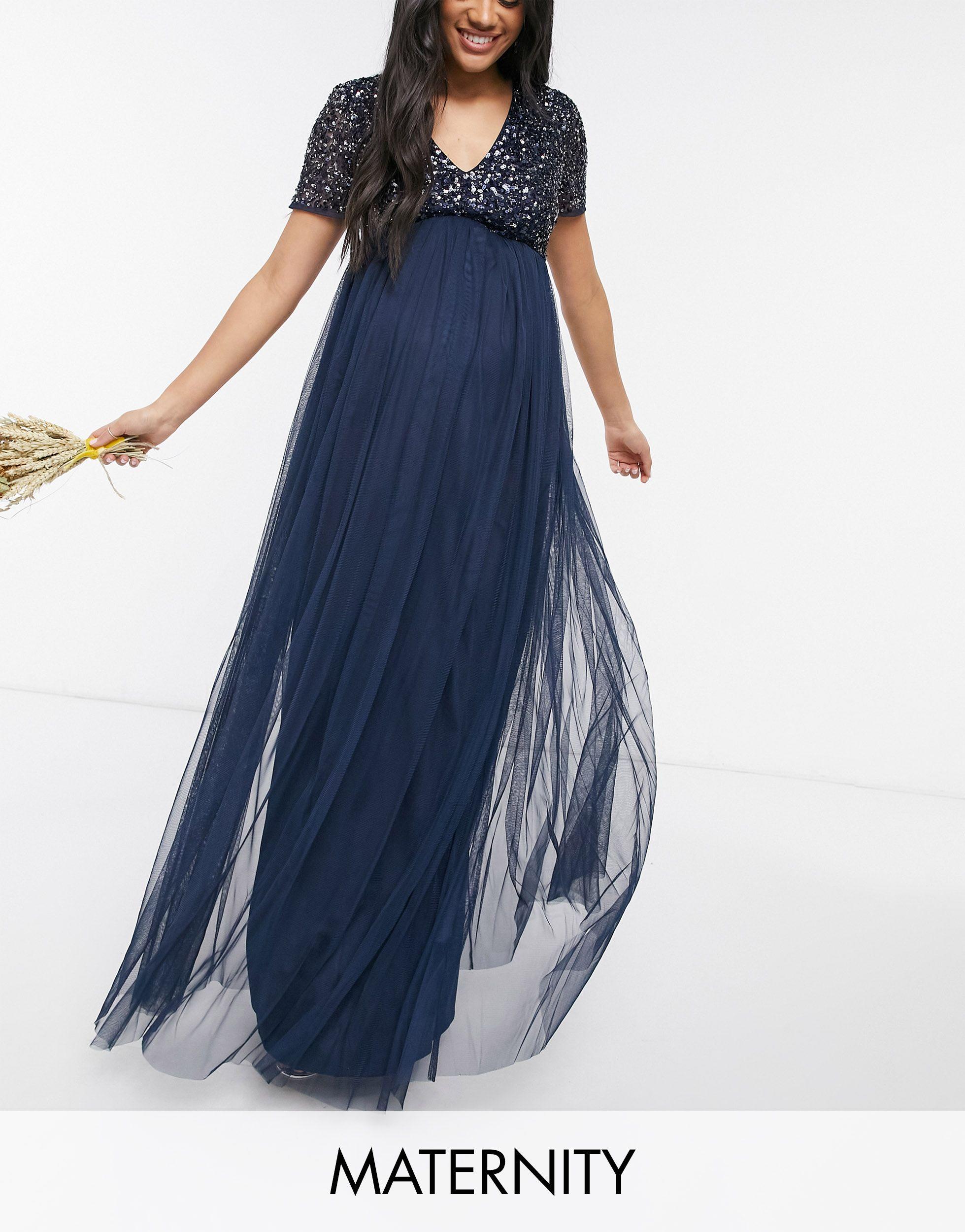 Maya Maternity Bridesmaid Short Sleeve Maxi Tulle Dress With Tonal Delicate  Sequins in Blue | Lyst