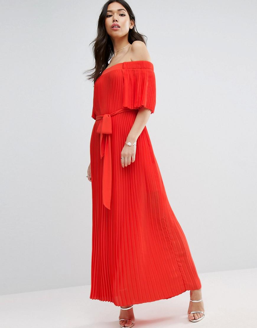 ASOS Synthetic Pleated Off Shoulder Maxi Dress in Orange | Lyst