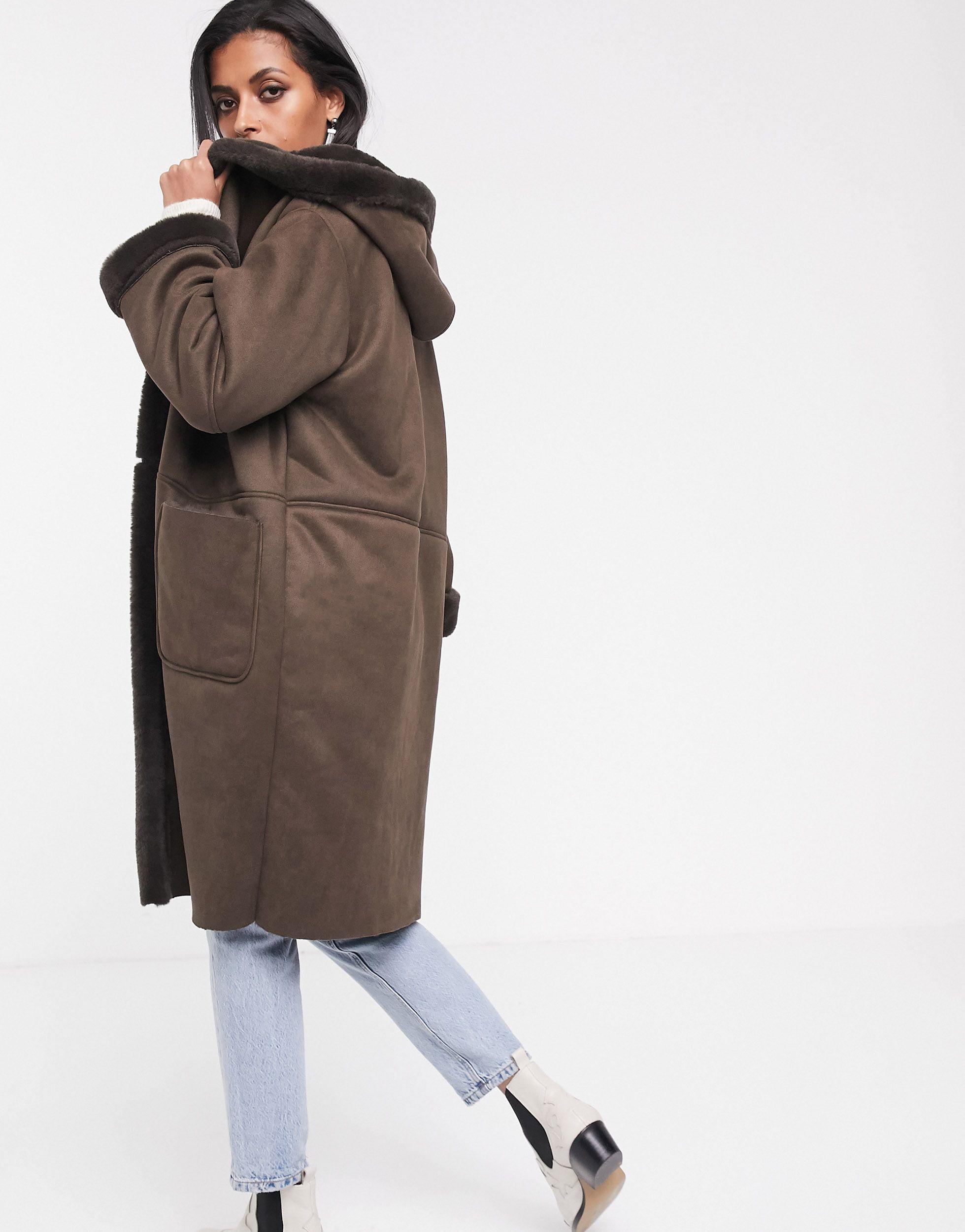 longline hooded shearling coat