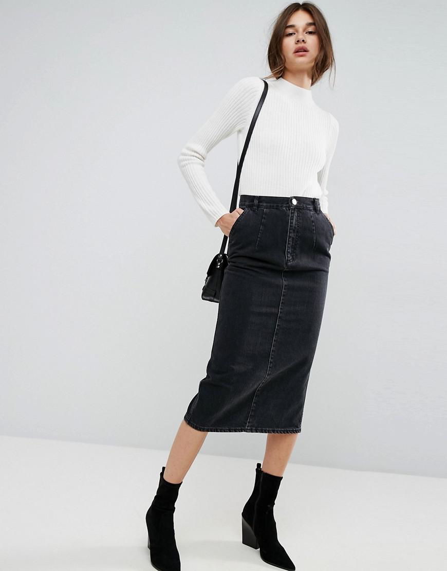 ASOS Denim Midi Skirt In Washed Black | Lyst Canada