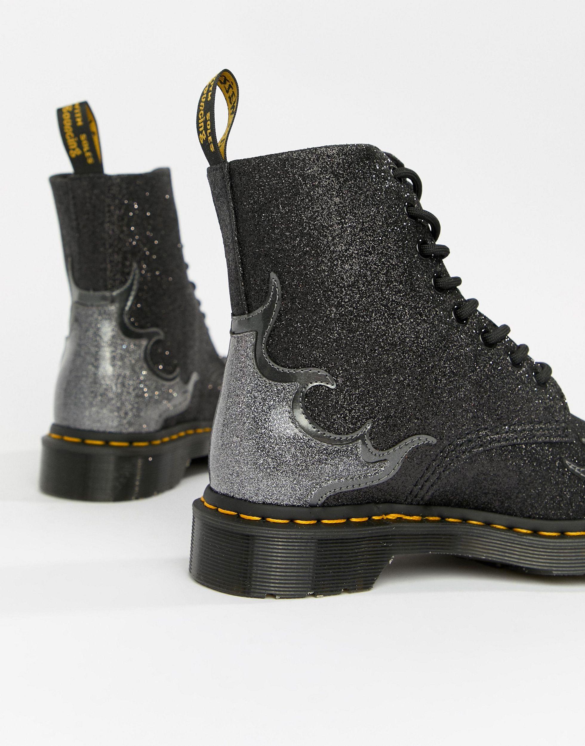 Dr. Martens 1460 Pascal Black Glitter Flame Flat Ankle Boots in