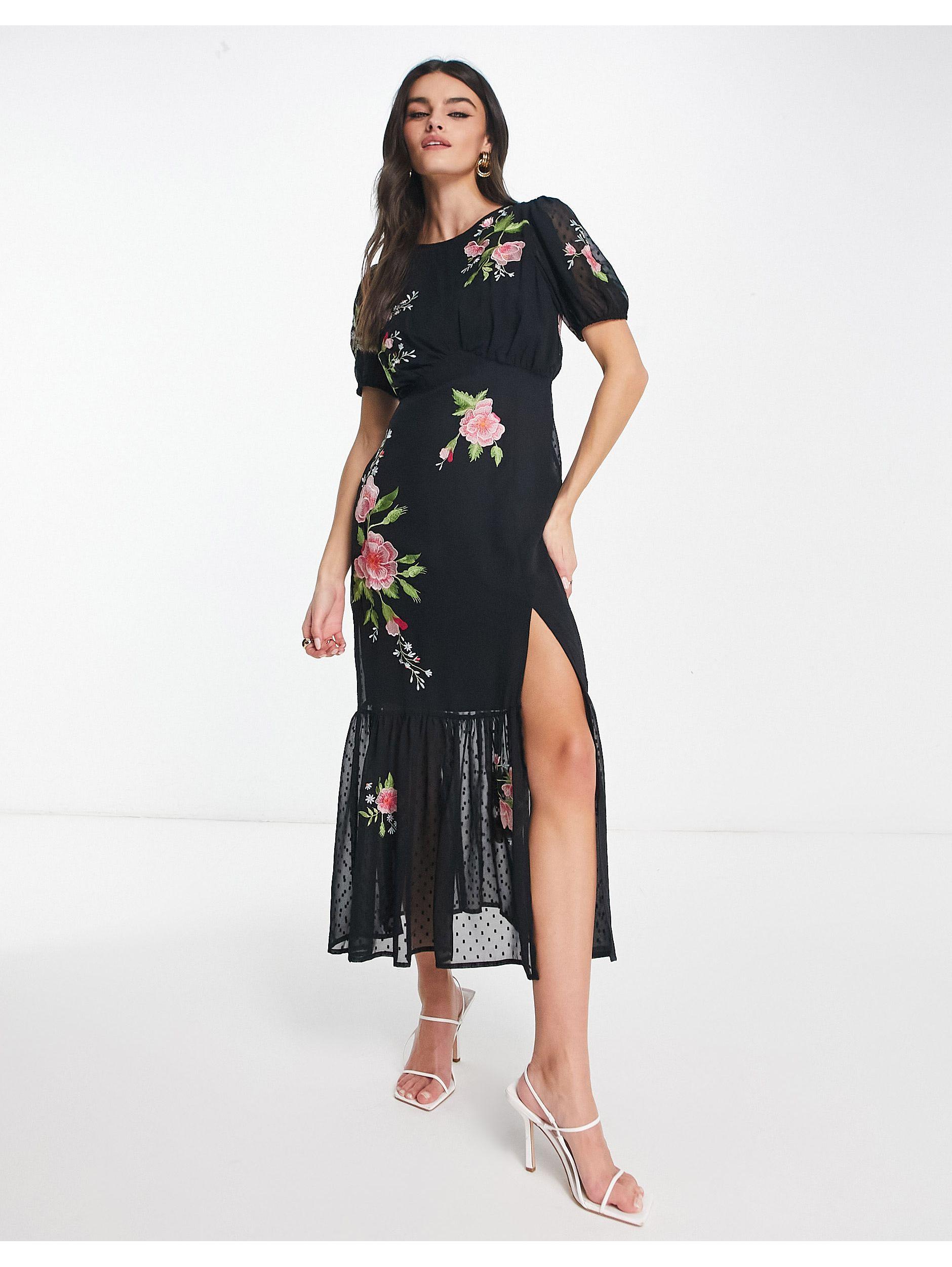 ASOS Dobby Chiffon Puff Sleeve Midi Tea Dress With Floral Embroidery in  White | Lyst