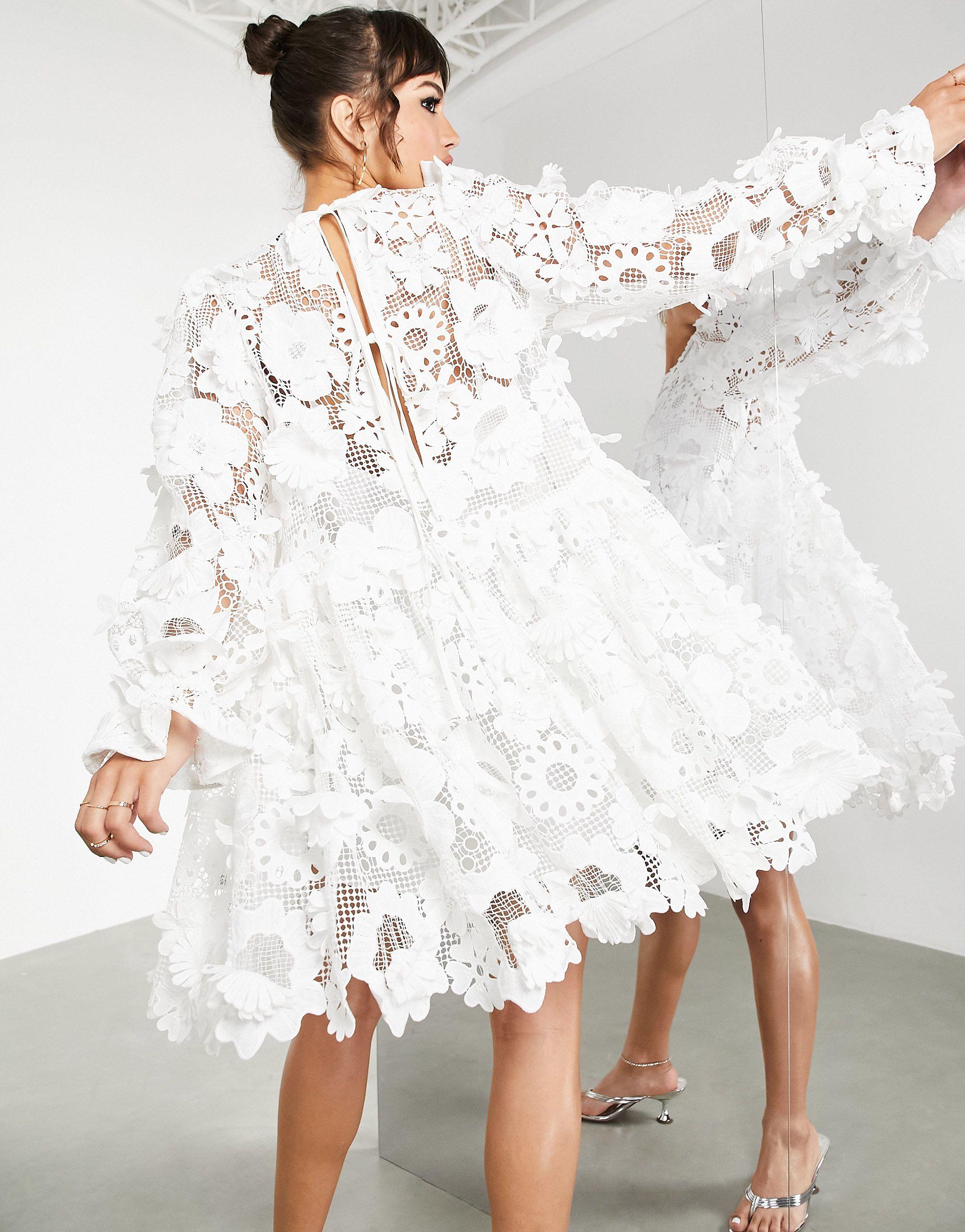 ASOS Tiered Mini Dress With 3d Floral Embroidery in White - Lyst