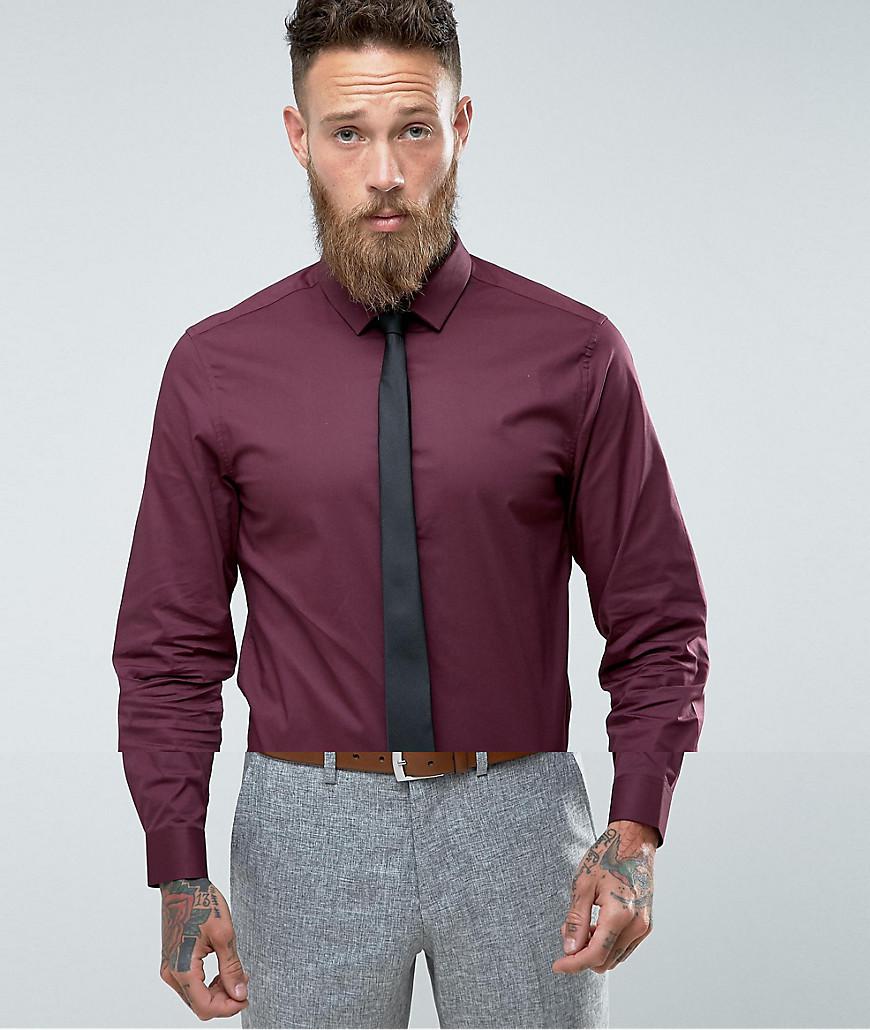 ASOS Cotton Slim Shirt In Burgundy With ...