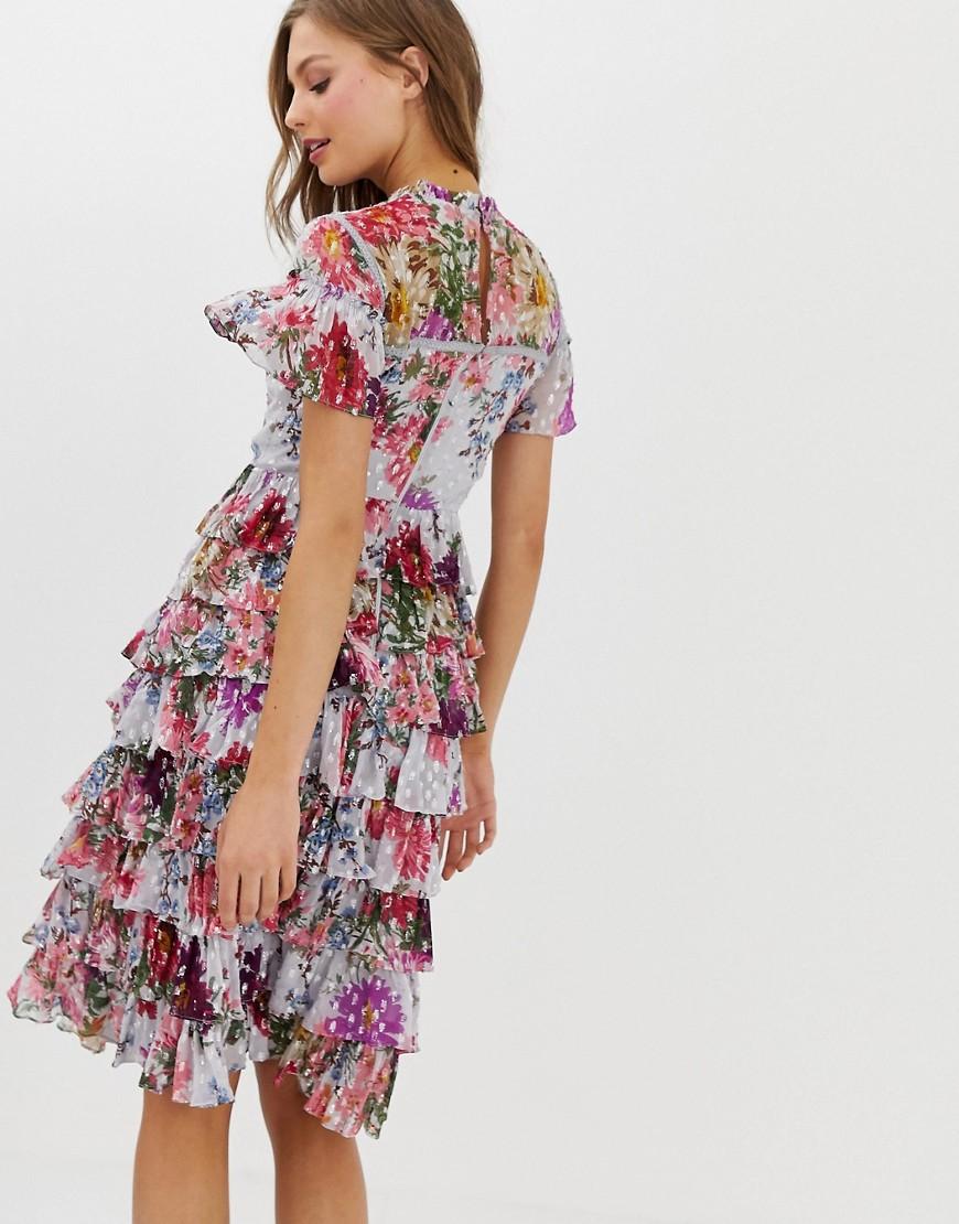 needle & thread ruffle midi dress in allover floral print