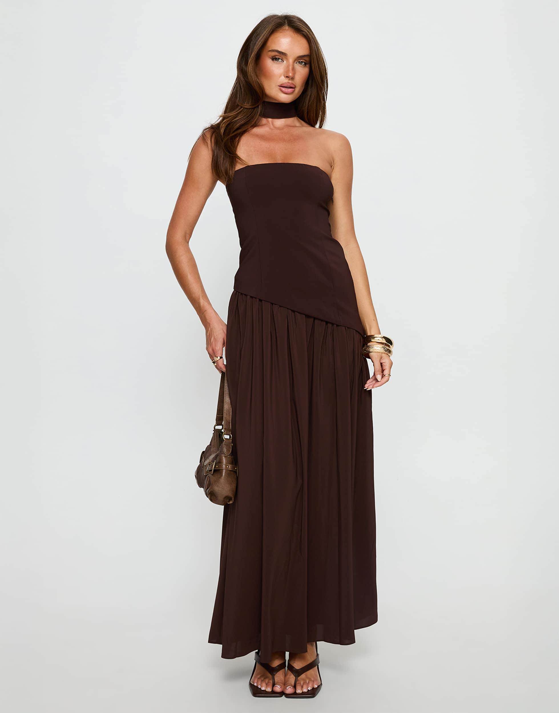 bandeau ruffle detail maxi dress in brown Princess Polly Tailored Chiffon Hem Scarf With sleeves Size:XS PREORDER (ships in Oct) Fit Model is 5’7 Big Bow Velvet Bustier