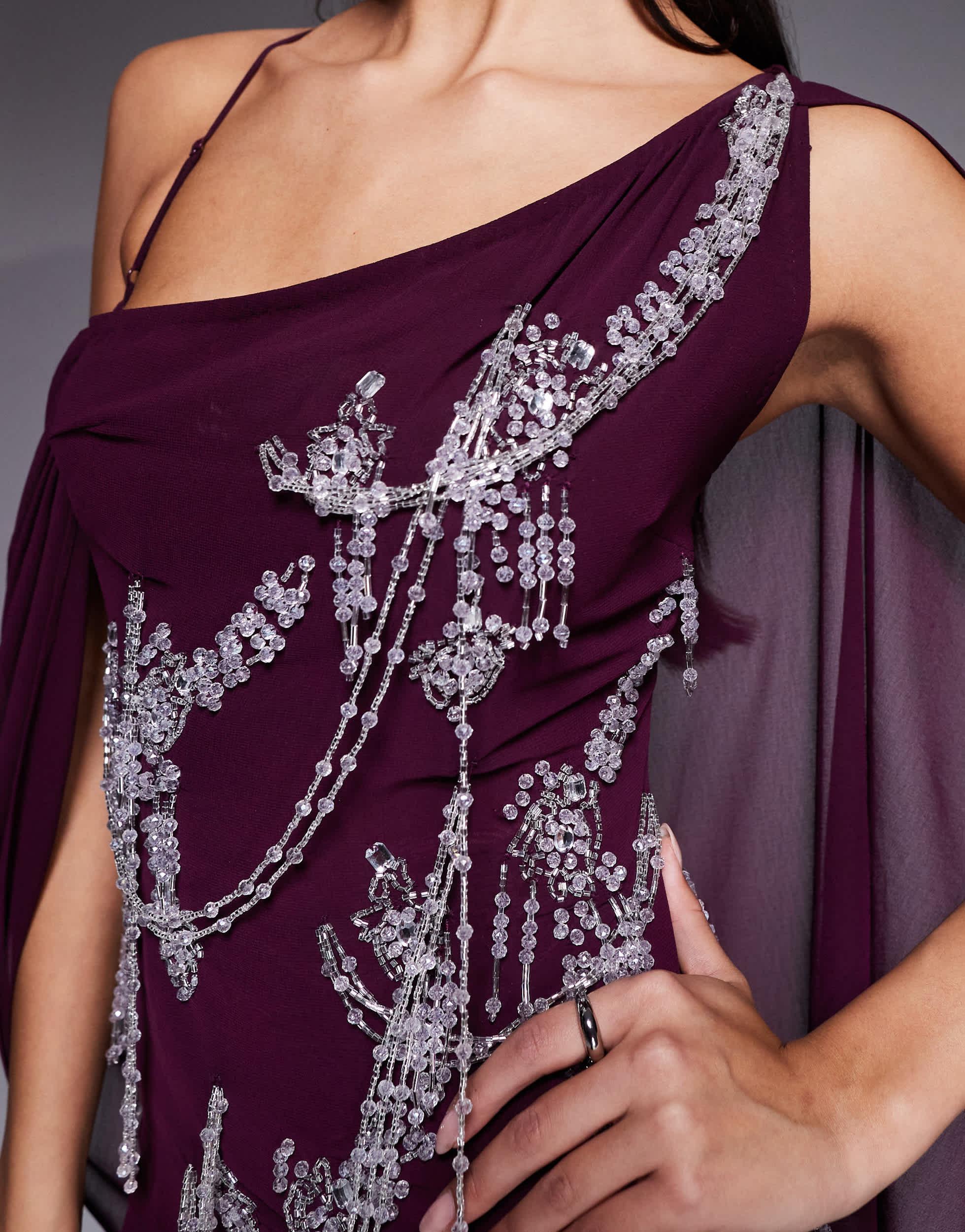 ASOS Fringe Embellished Bias Cut Maxi Dress With Cape Sleeve in Purple |  Lyst