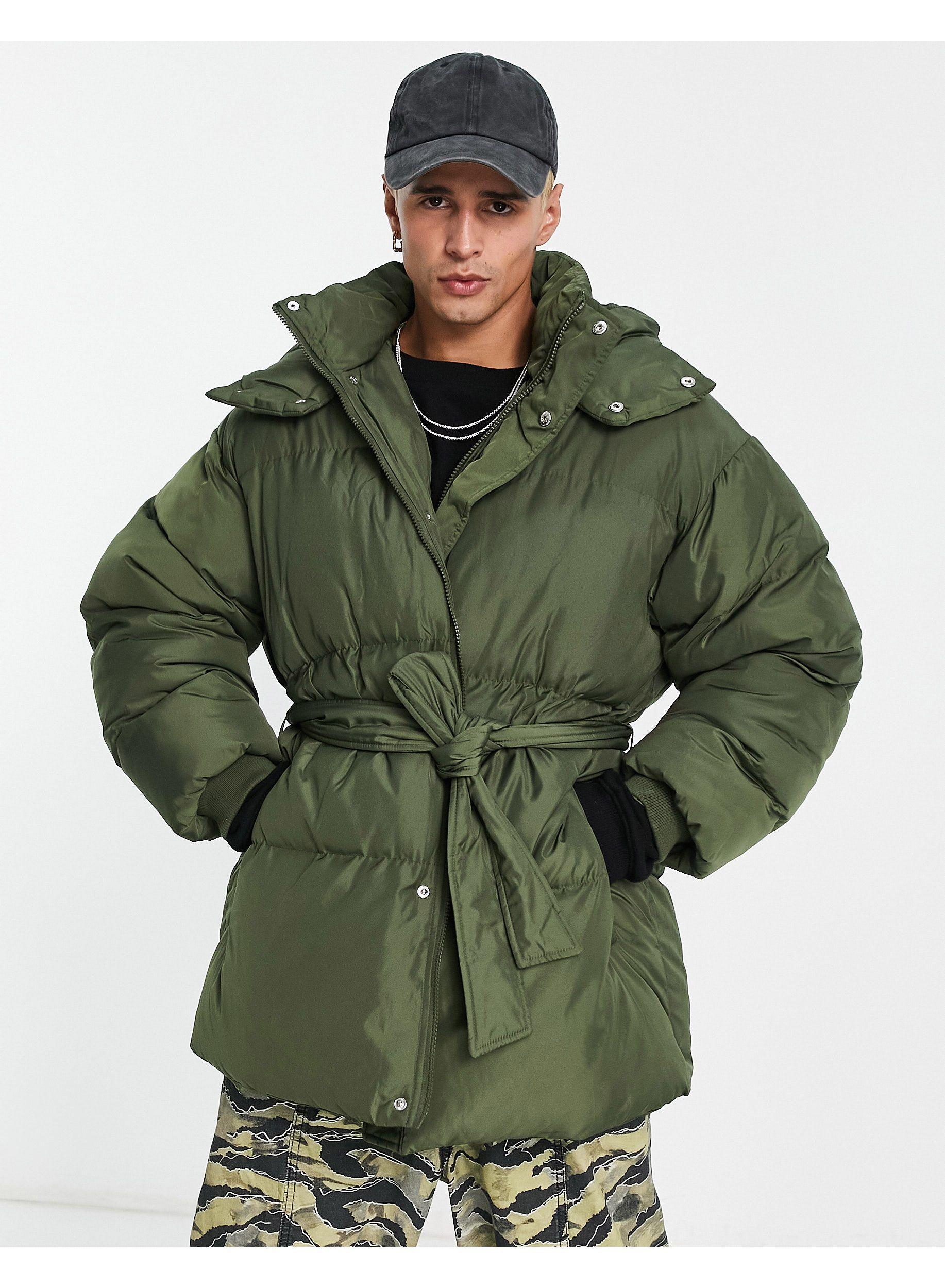 Collusion Unisex Longline Puffer Coat With Belt Detail in Green | Lyst UK