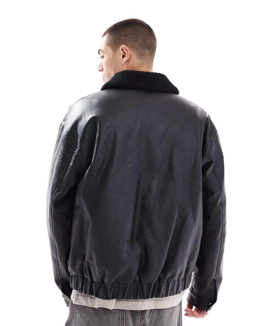 ASOS Faux Leather Wadded Harrington Jacket With Borg Collar in