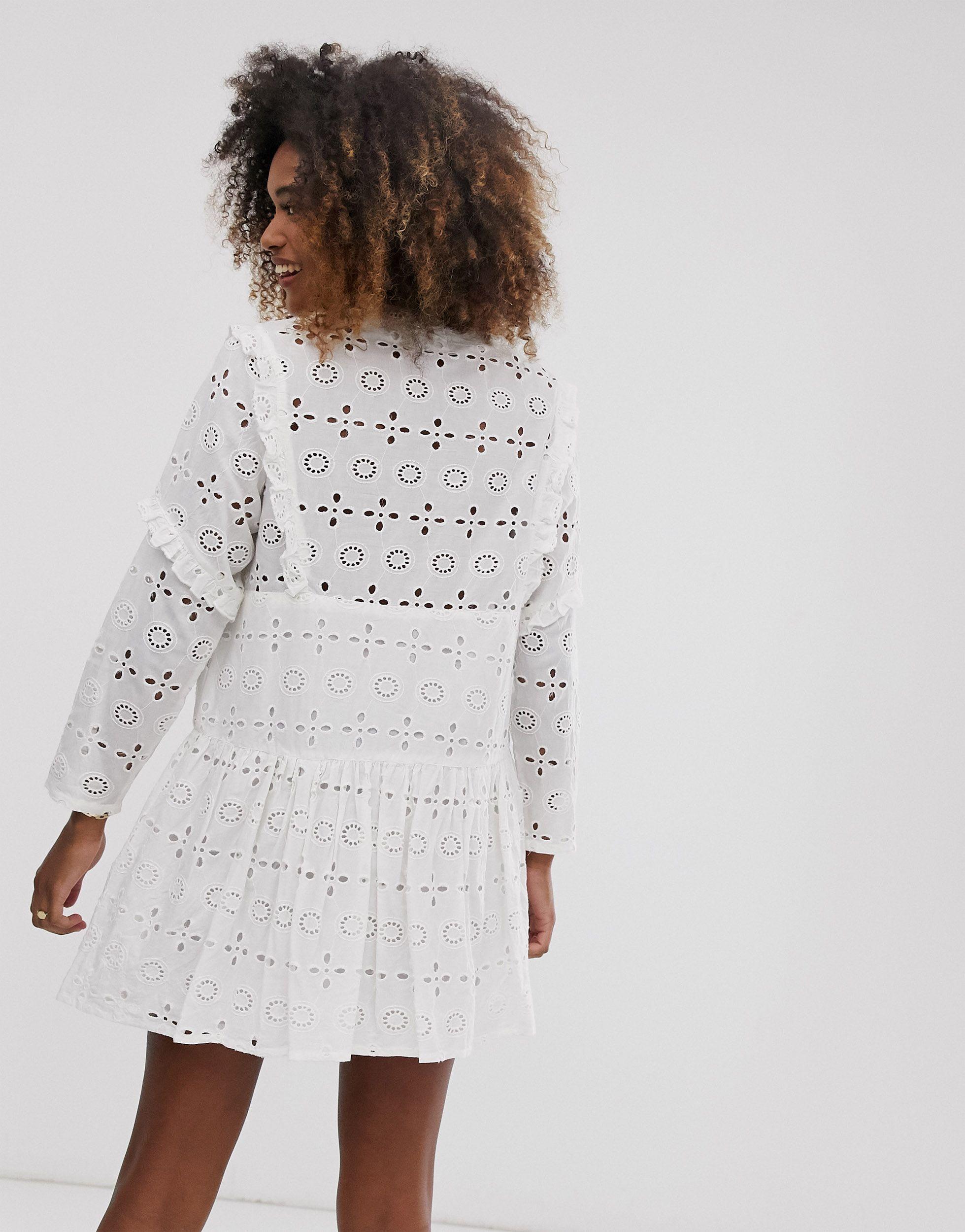 asos design button through tiered midi broderie dress