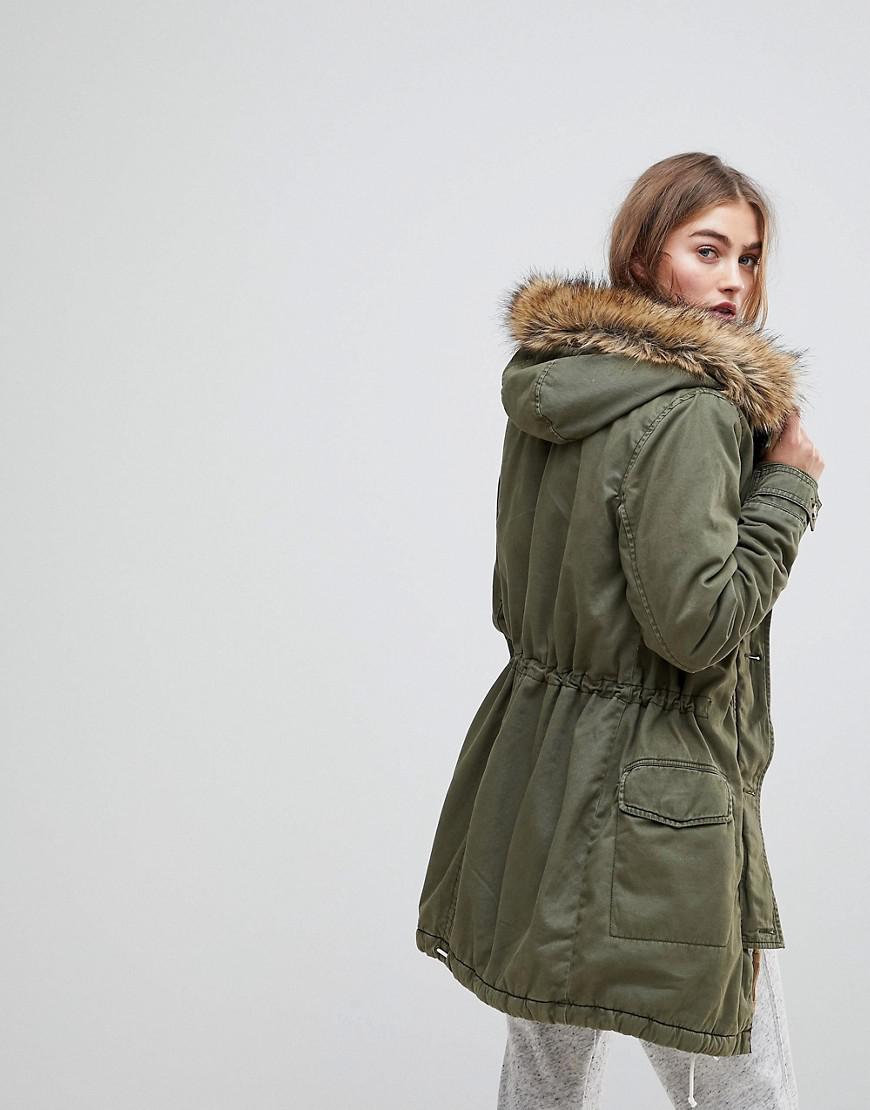 Abercrombie & Fitch Twill Faux Fur Lined Parka in Green - Lyst