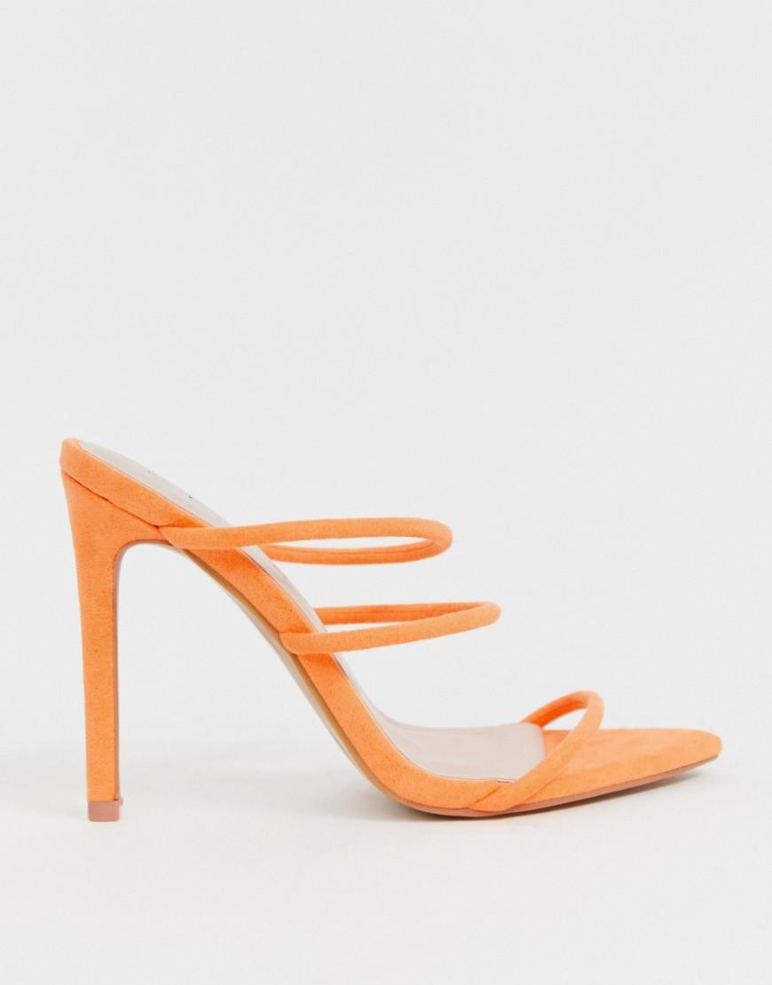 Boohoo Denim Spitze Absatzsandalen mit Riemchen in Neon Boohoo Denim Spitze Absatzsandalen mit Riemchen in Neon