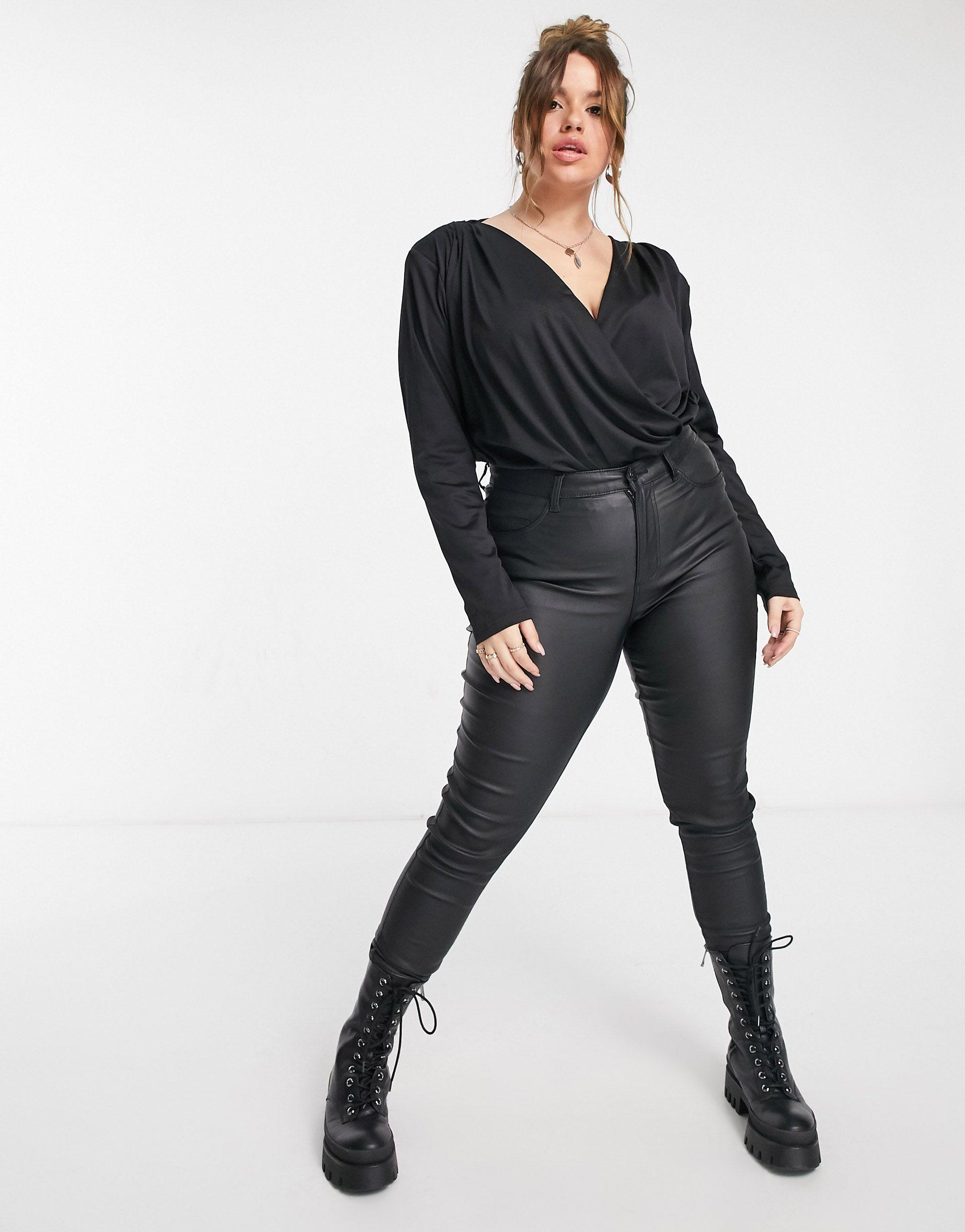 Vero Moda Curve Plunge Wrap Bodysuit in Black | Lyst