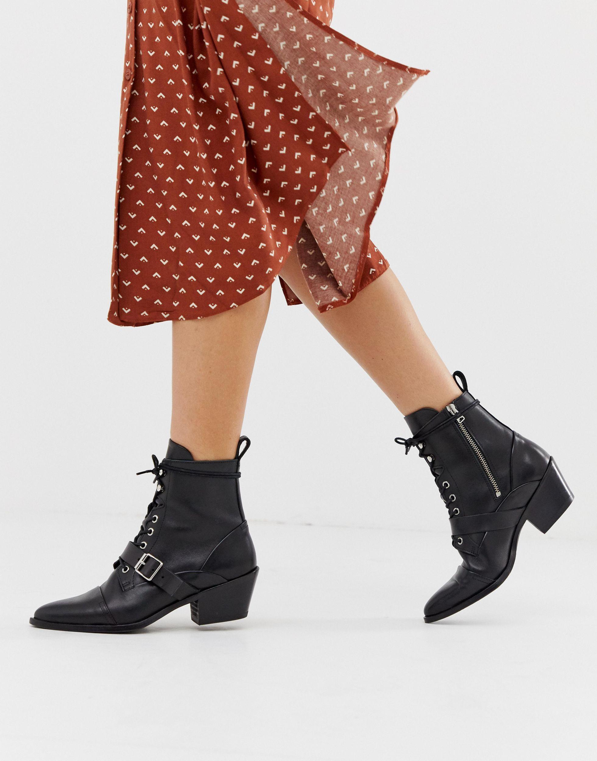 AllSaints Katy Lace Up Heeled Leather Boots With Buckle in Black | Lyst