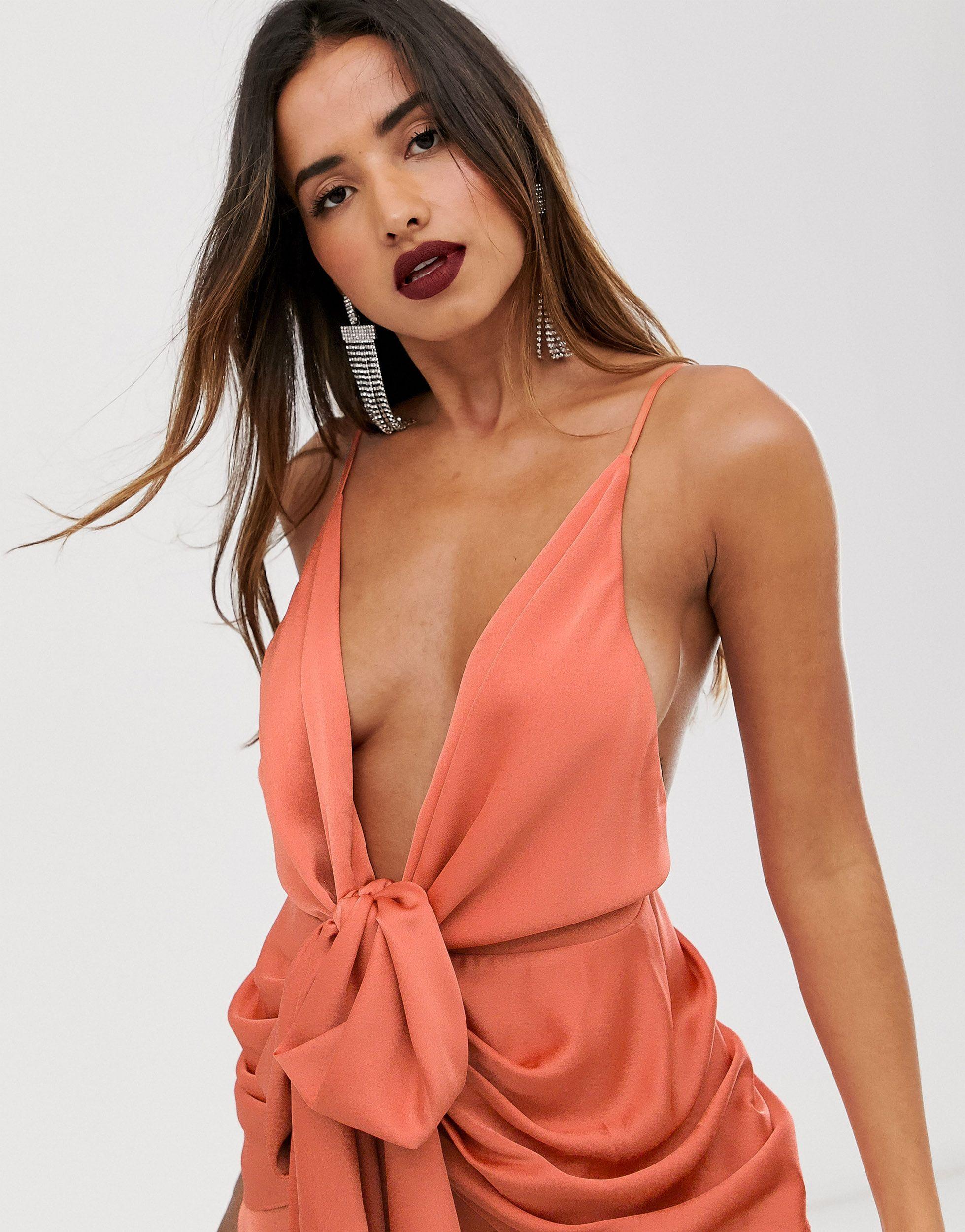 Midi strappy cami with knot front plunge in hotsell satin