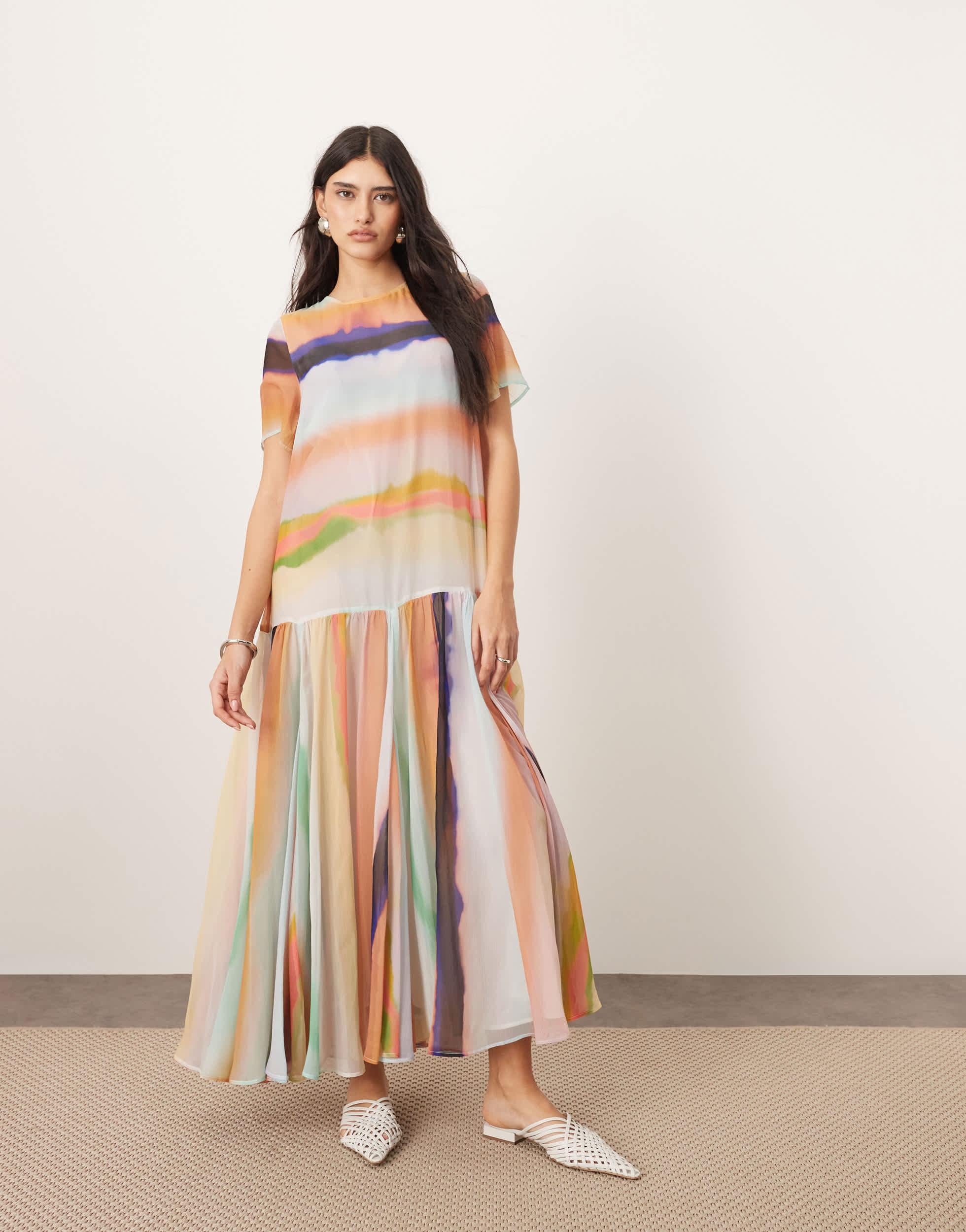 ARRANGE Sheer Chiffon Drop Waist Maxi T-shirt Dress in Natural | Lyst