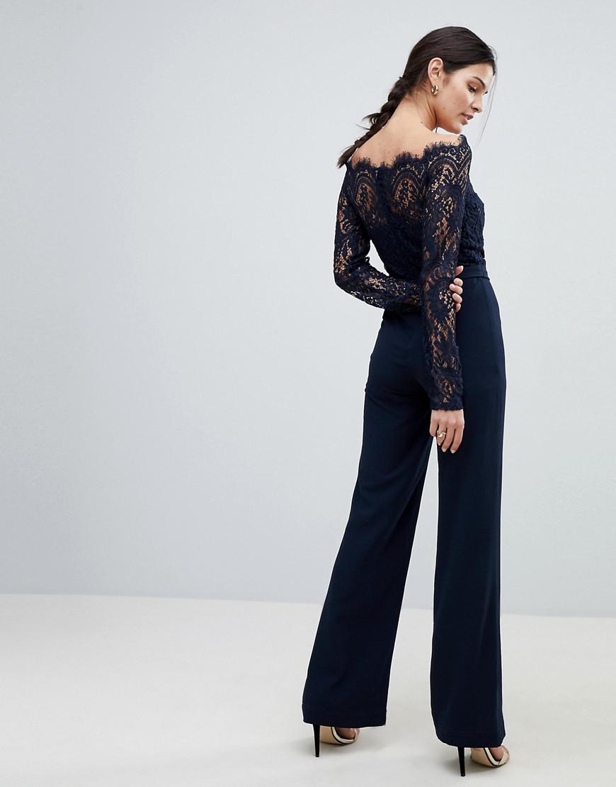Navy Off Shoulder Lace Jumpsuit, Women's Fashion, Dresses & Sets, Jumpsuits  on Carousell