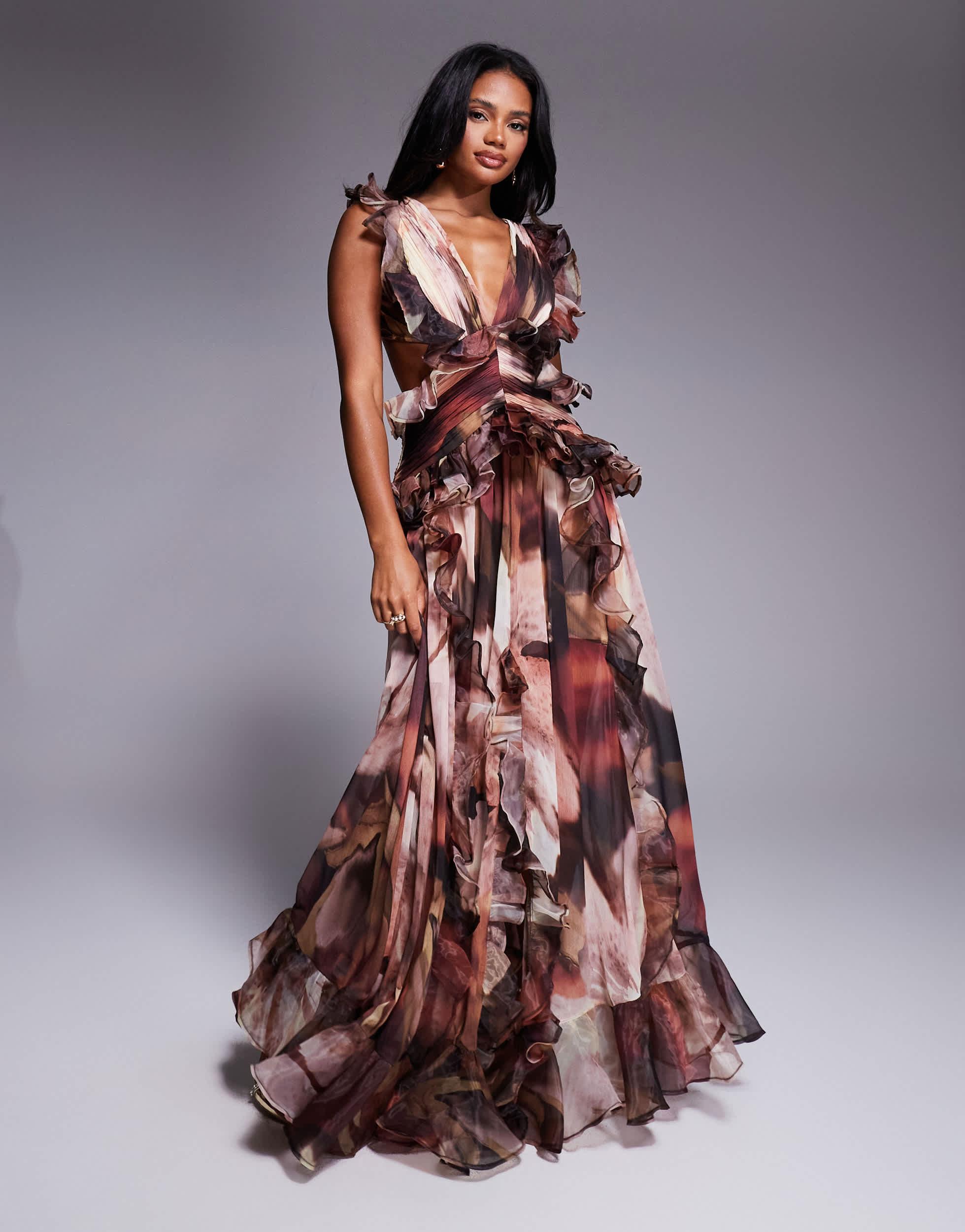 ASOS Plunge Maxi Dress With Ruched Chiffon Detail & Open Back in Brown |  Lyst