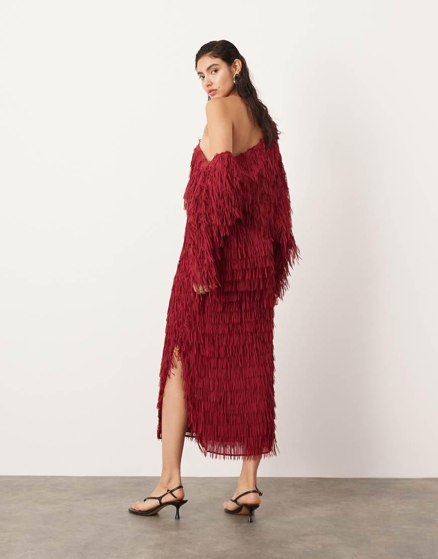 asos red fringe dress ASOS DESIGN fringe embellished cowl neck maxi dress with lace bralette underlay in cherry red