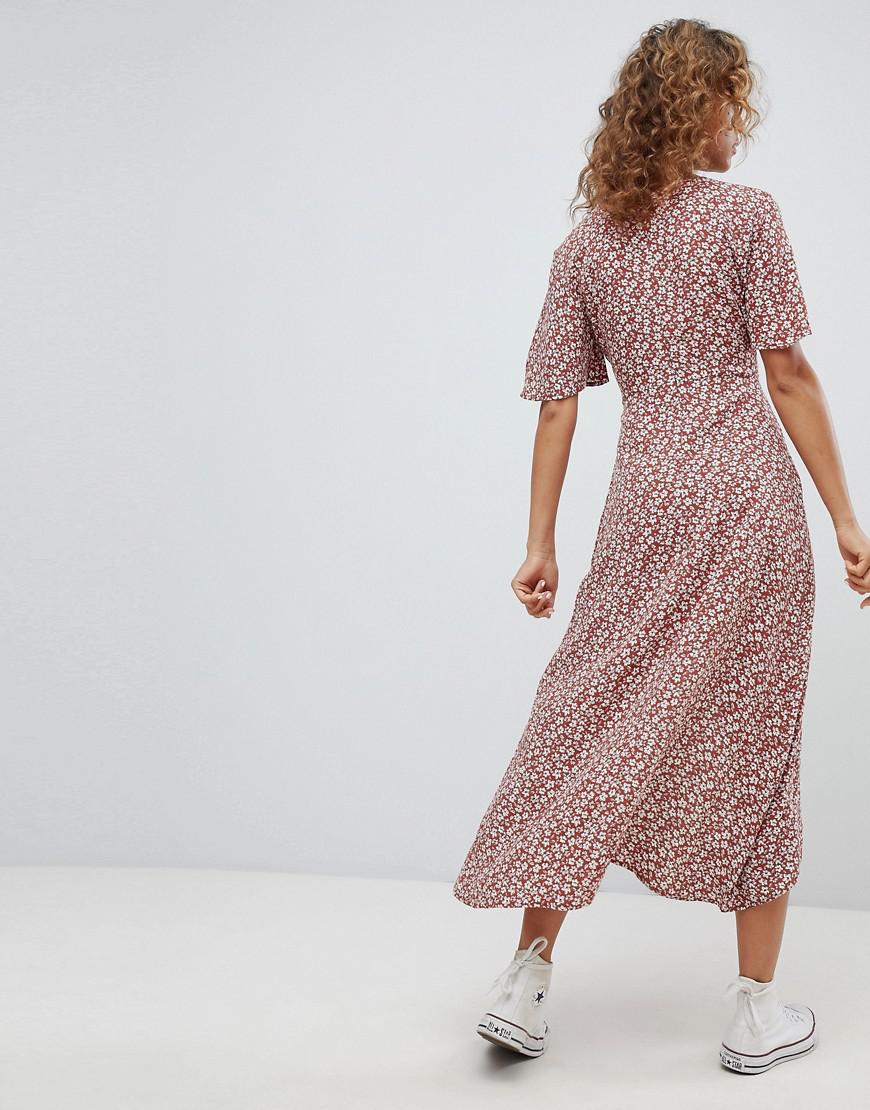 Pullu0026Bear Floral Dress In Copper in Brown | Lyst