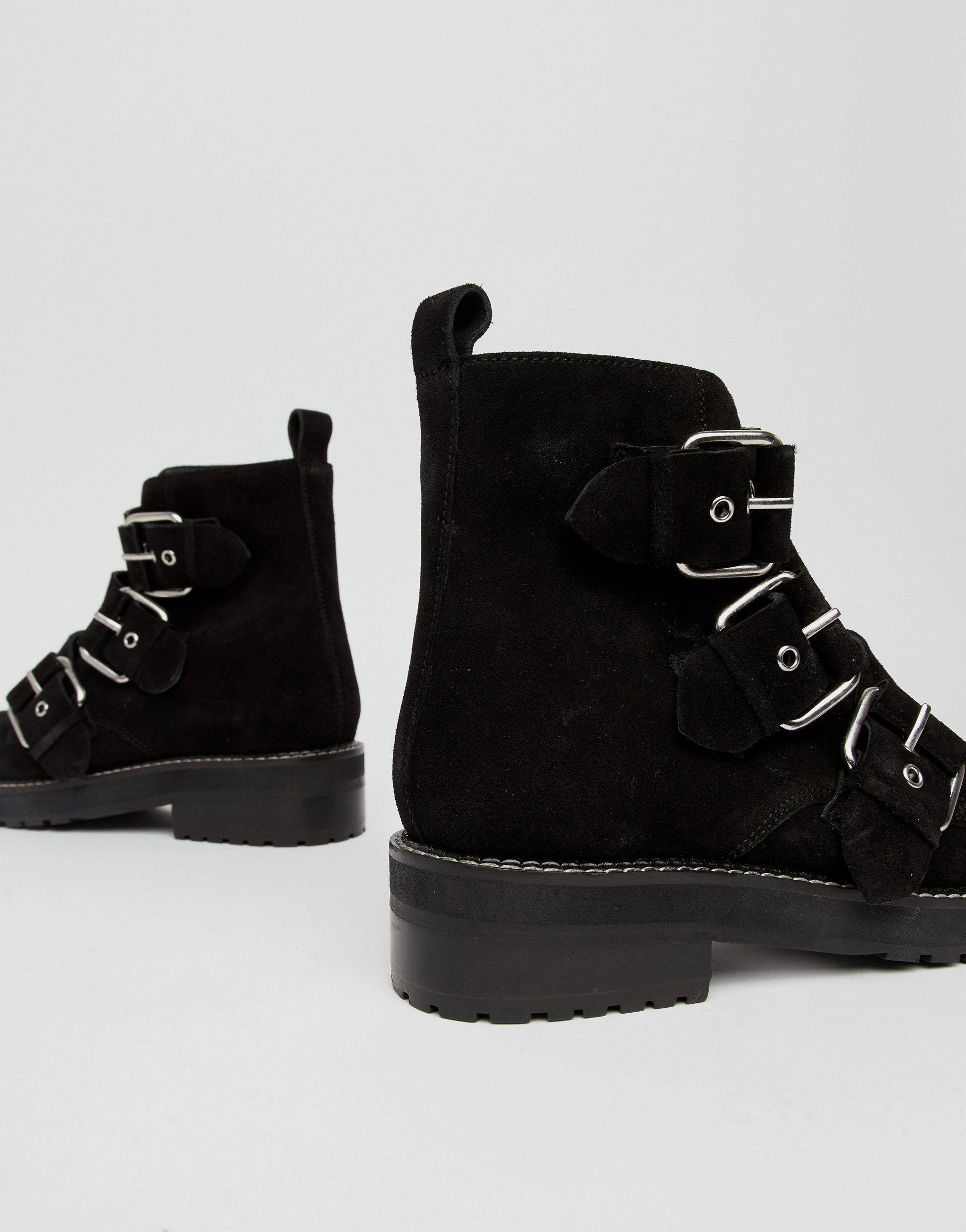 office artillery chunky black suede three buckle boots