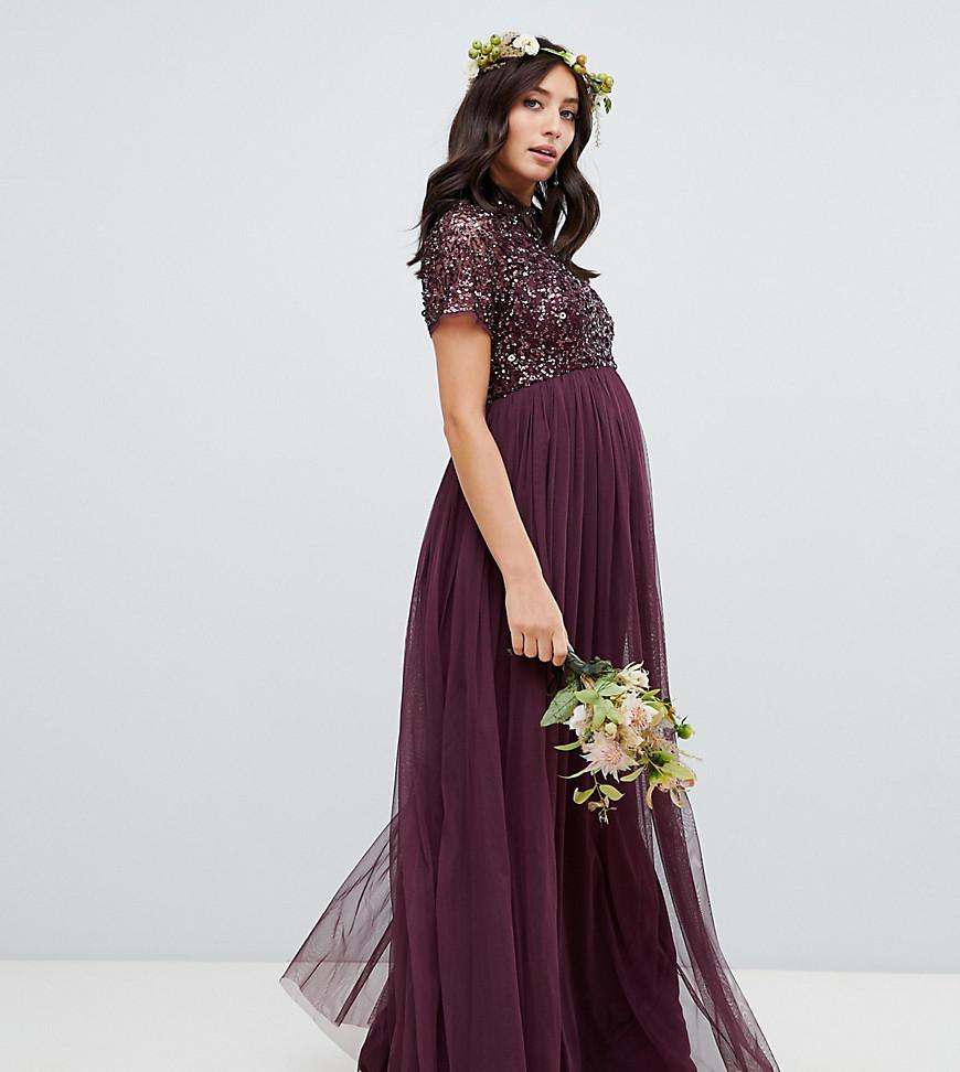 Maya Maternity High Neck Maxi Tulle Dress With Tonal Delicate Sequins In  Berry in Red | Lyst