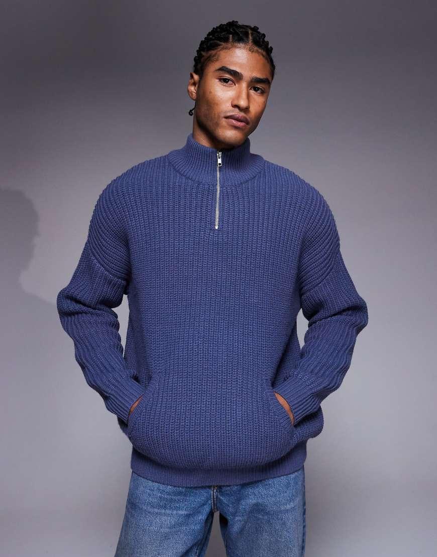 ASOS Oversized Heavyweight Knitted Half Zip Jumper in Blue for Men