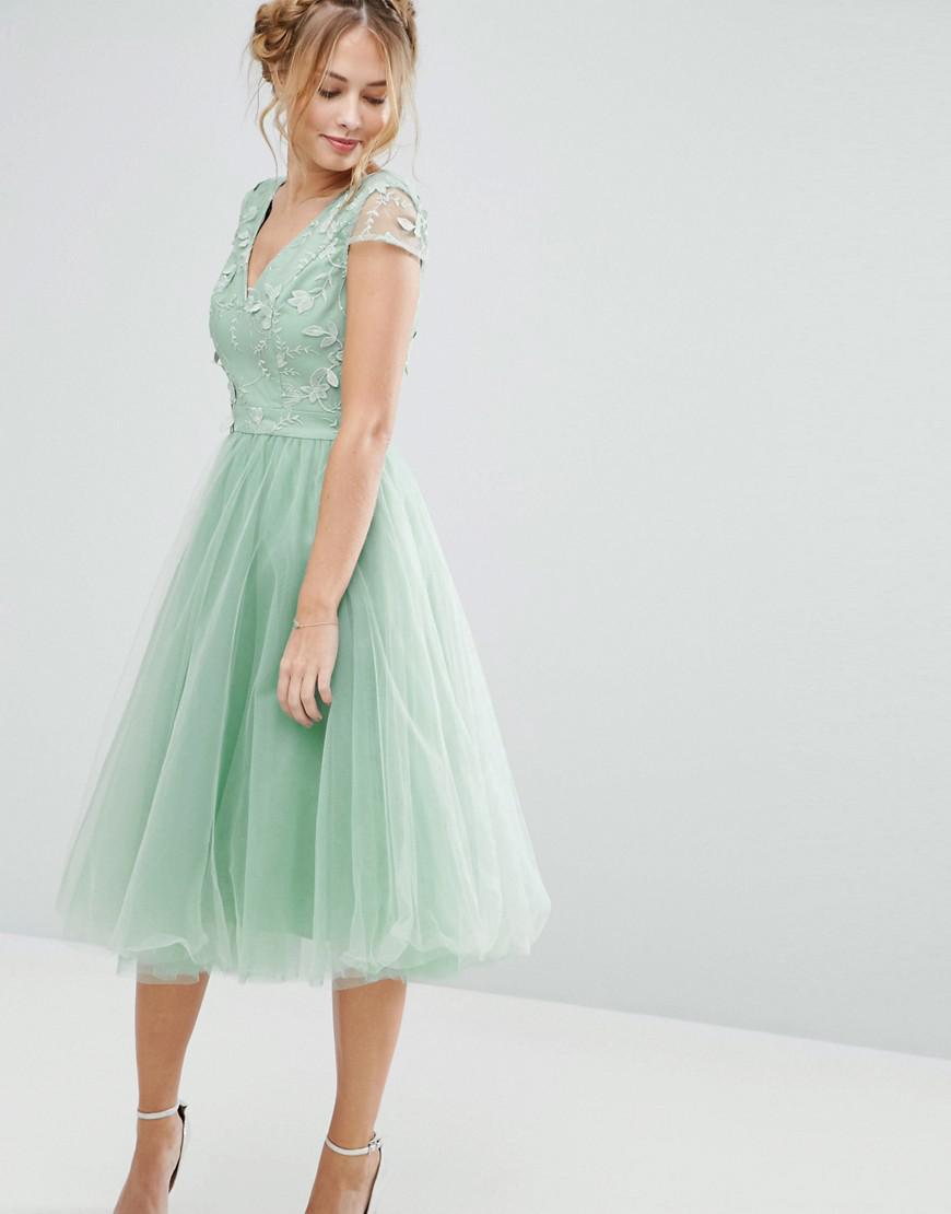 Chi Chi London Tulle Midi Dress With 3d Embroidery in Green | Lyst