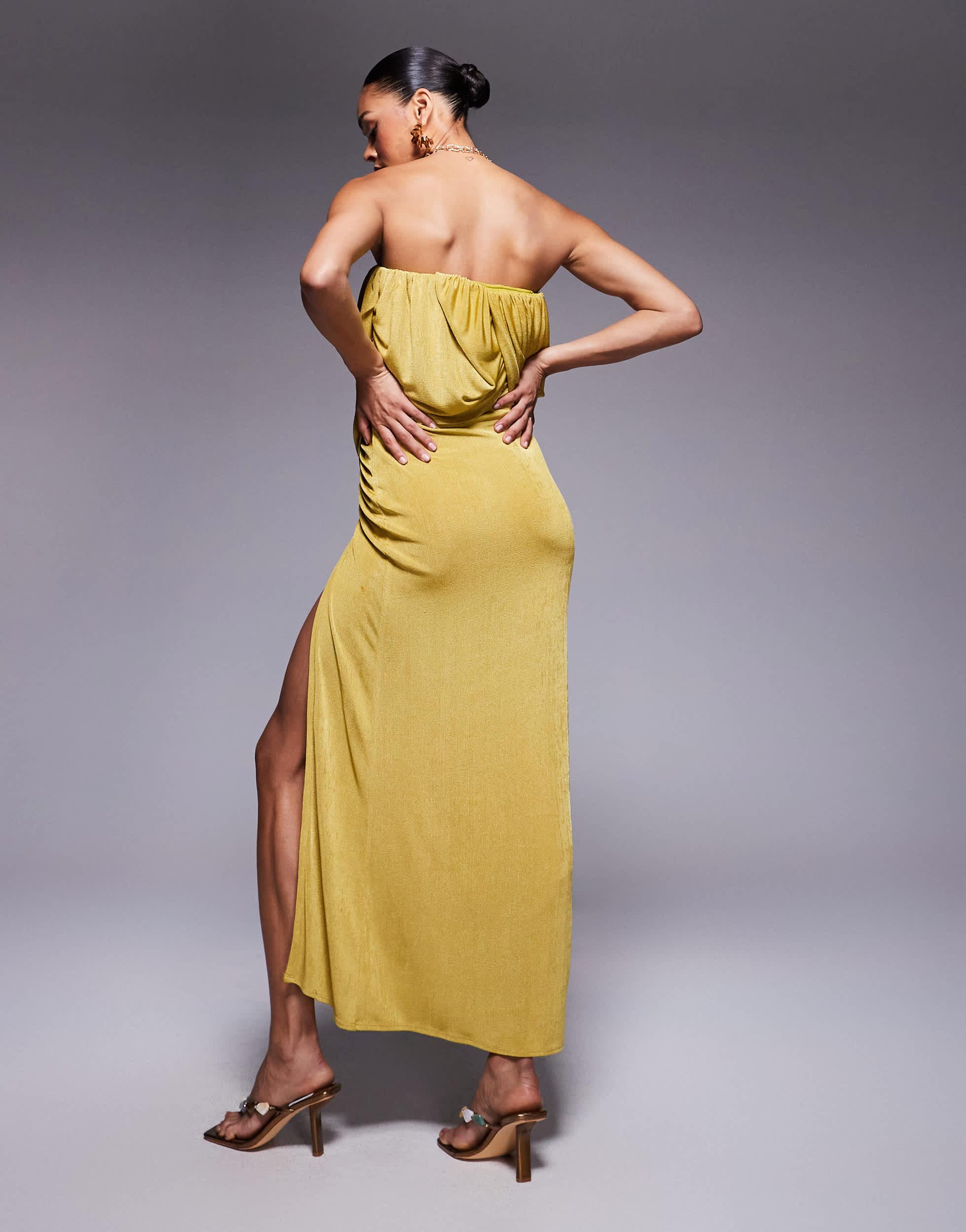 ASOS Slinky Pleat Detail Bandeau Maxi Dress With Drape Skirt in Yellow |  Lyst