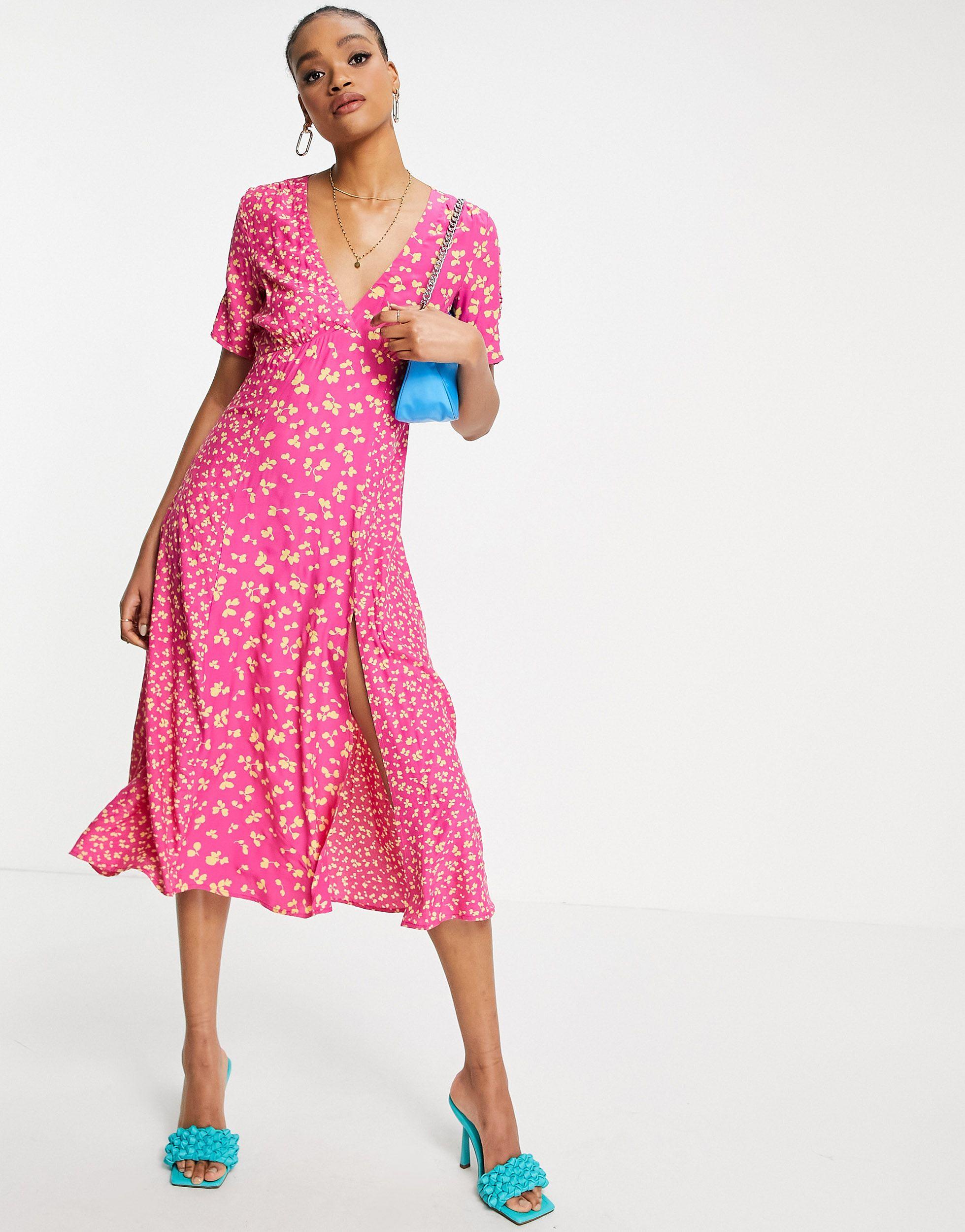 French Connection Bonita Mixed Print Midi Dress in Pink | Lyst