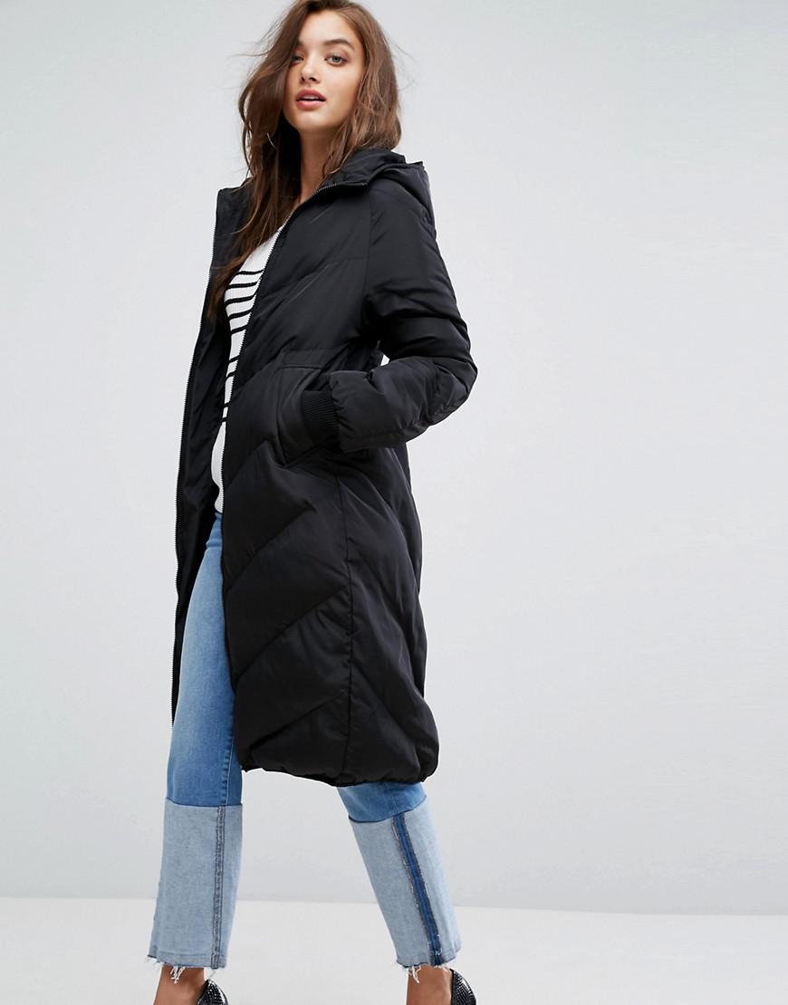 boohoo longline padded coat with hood in black