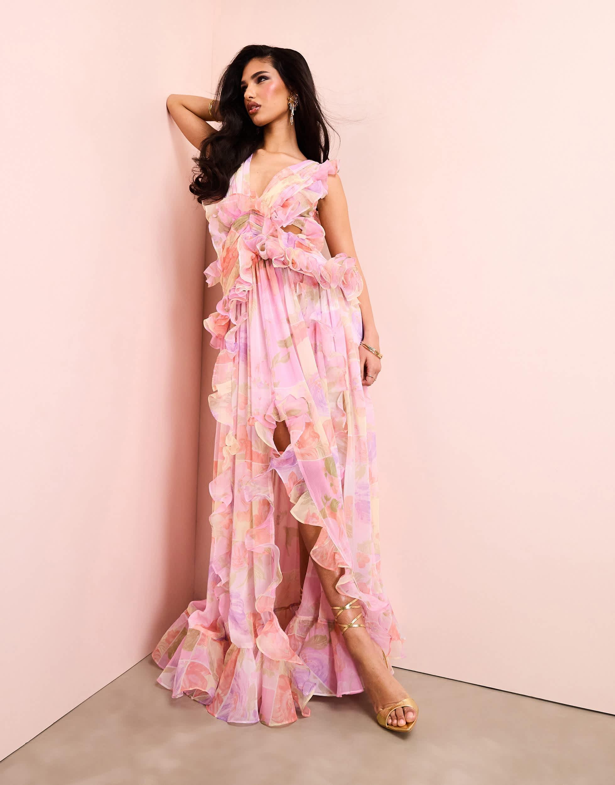 Robe longue en mousseline a decollete plongeant avec volants et dos ouvert fleuri ASOS en coloris Rose Lyst