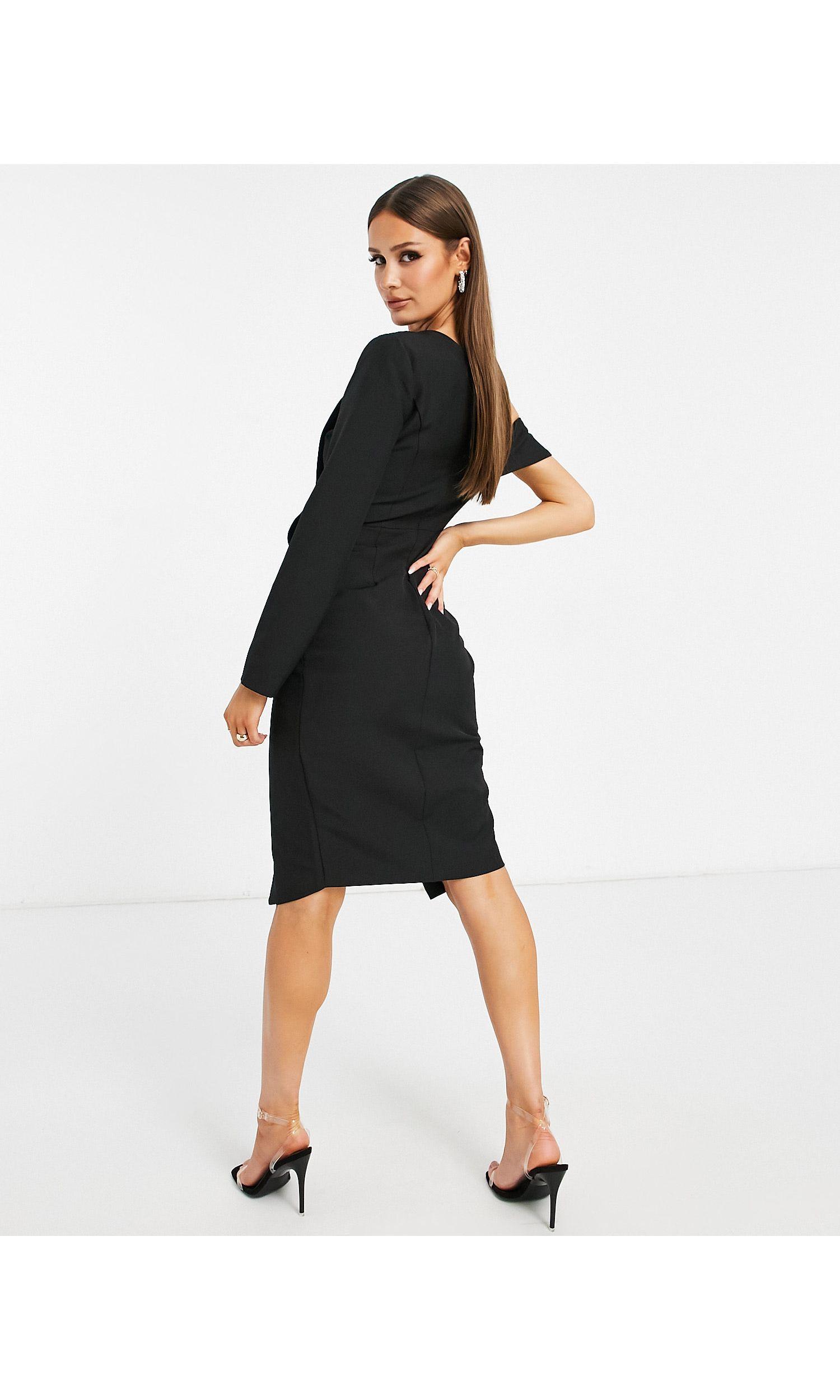 Lavish Alice One Shoulder Bardot Neck Asymmetric Midi Blazer Dress in Black  | Lyst
