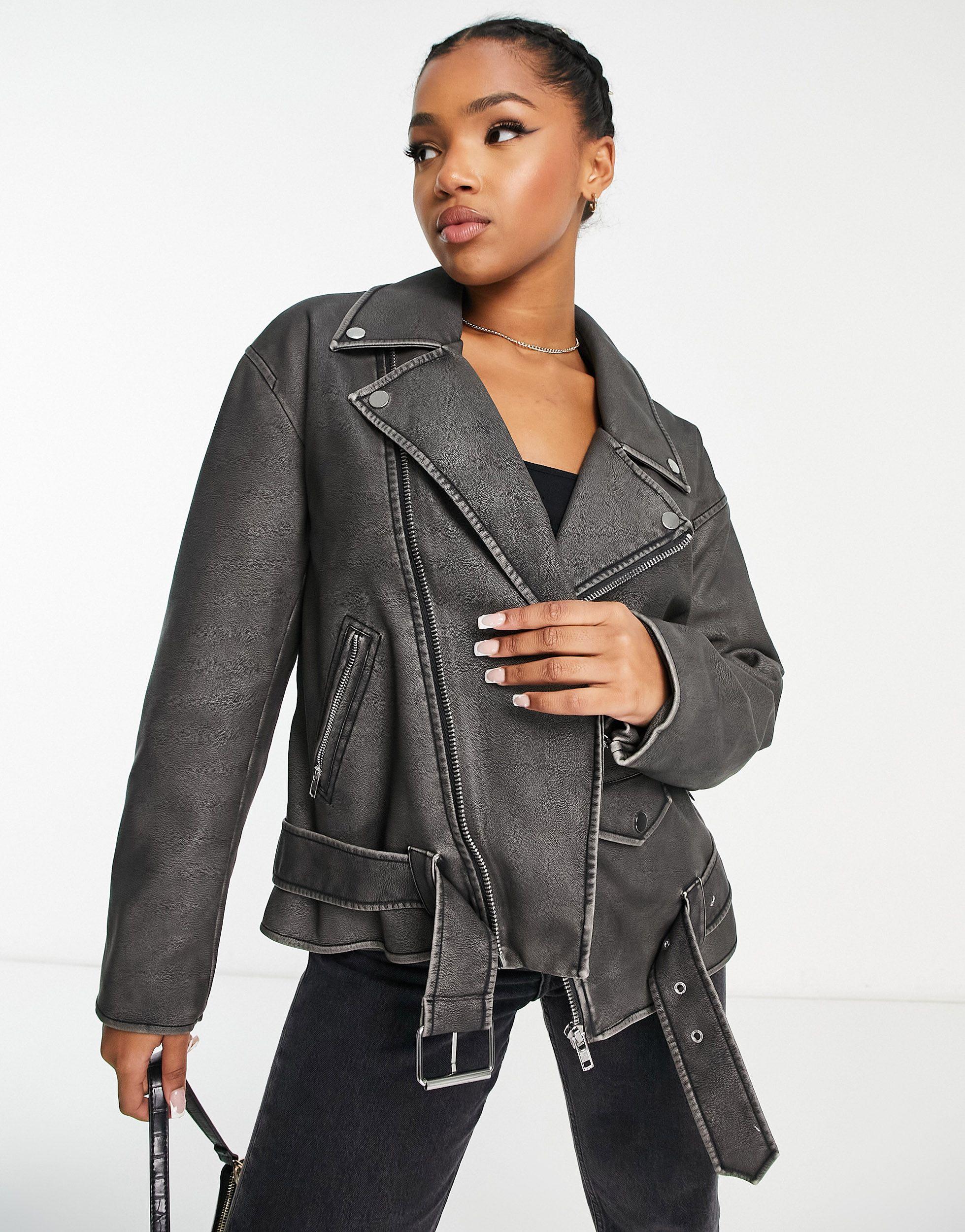 ASOS DESIGN Curve oversized leather look biker jacket in white