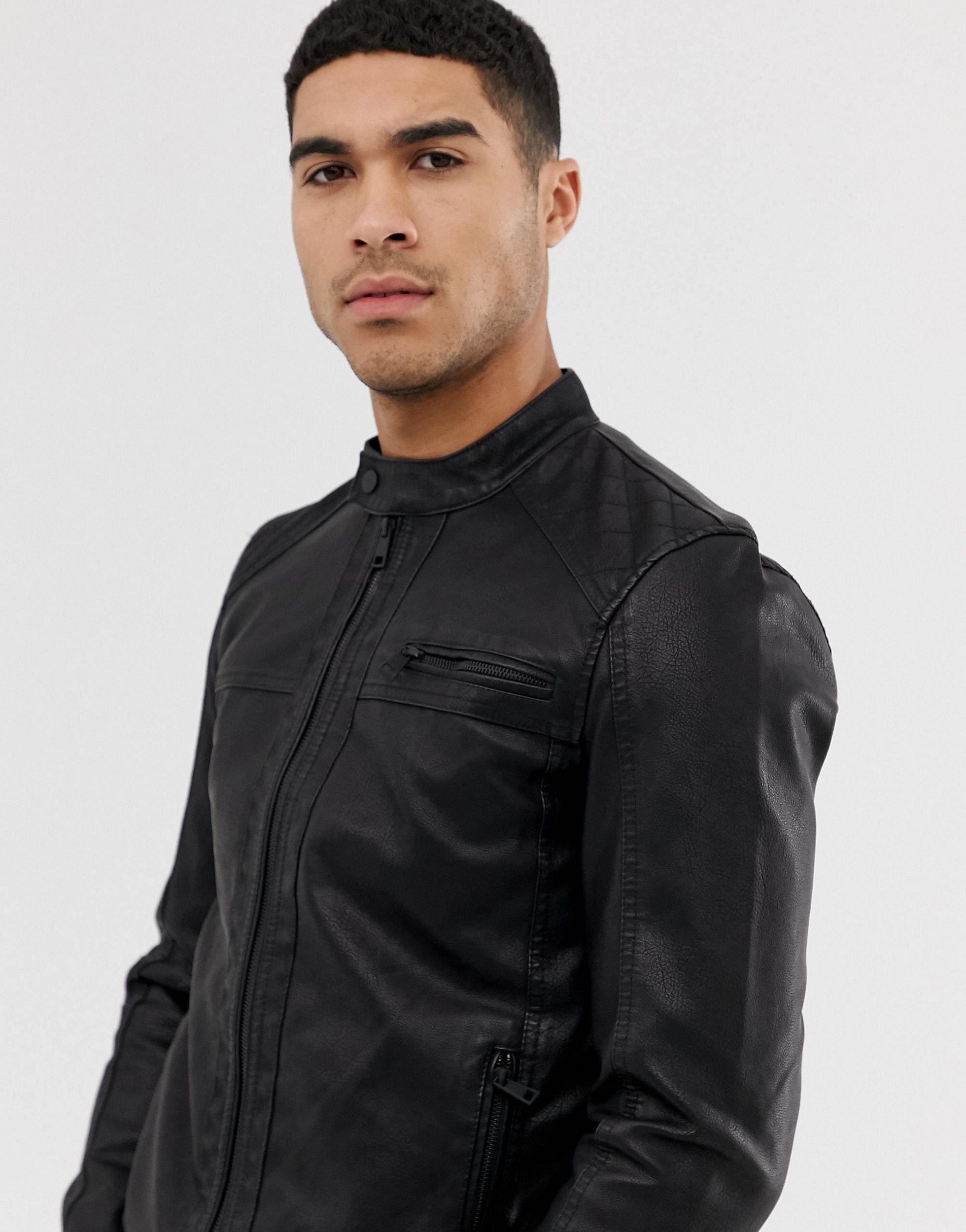 Only & Sons Denim Faux Leather Racer Jacket in Black for Men | Lyst