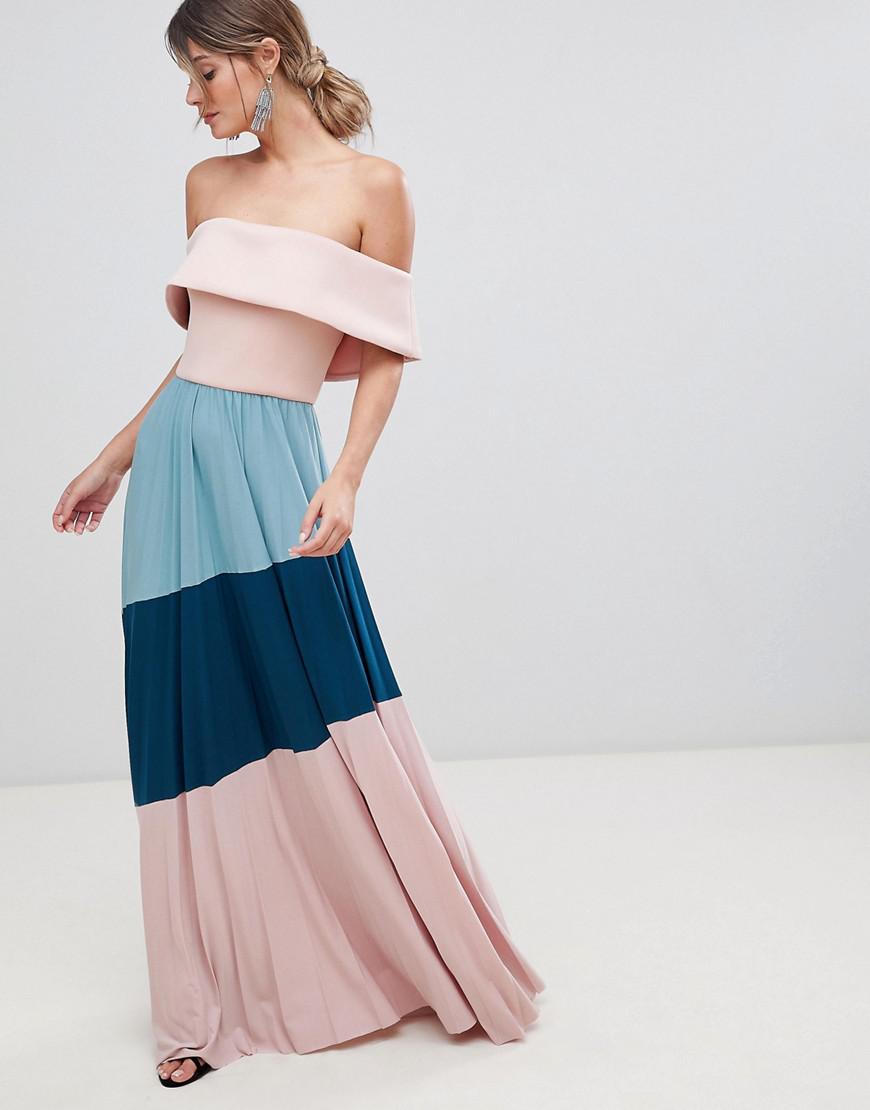 asos scuba bardot colourblock pleated midi dress